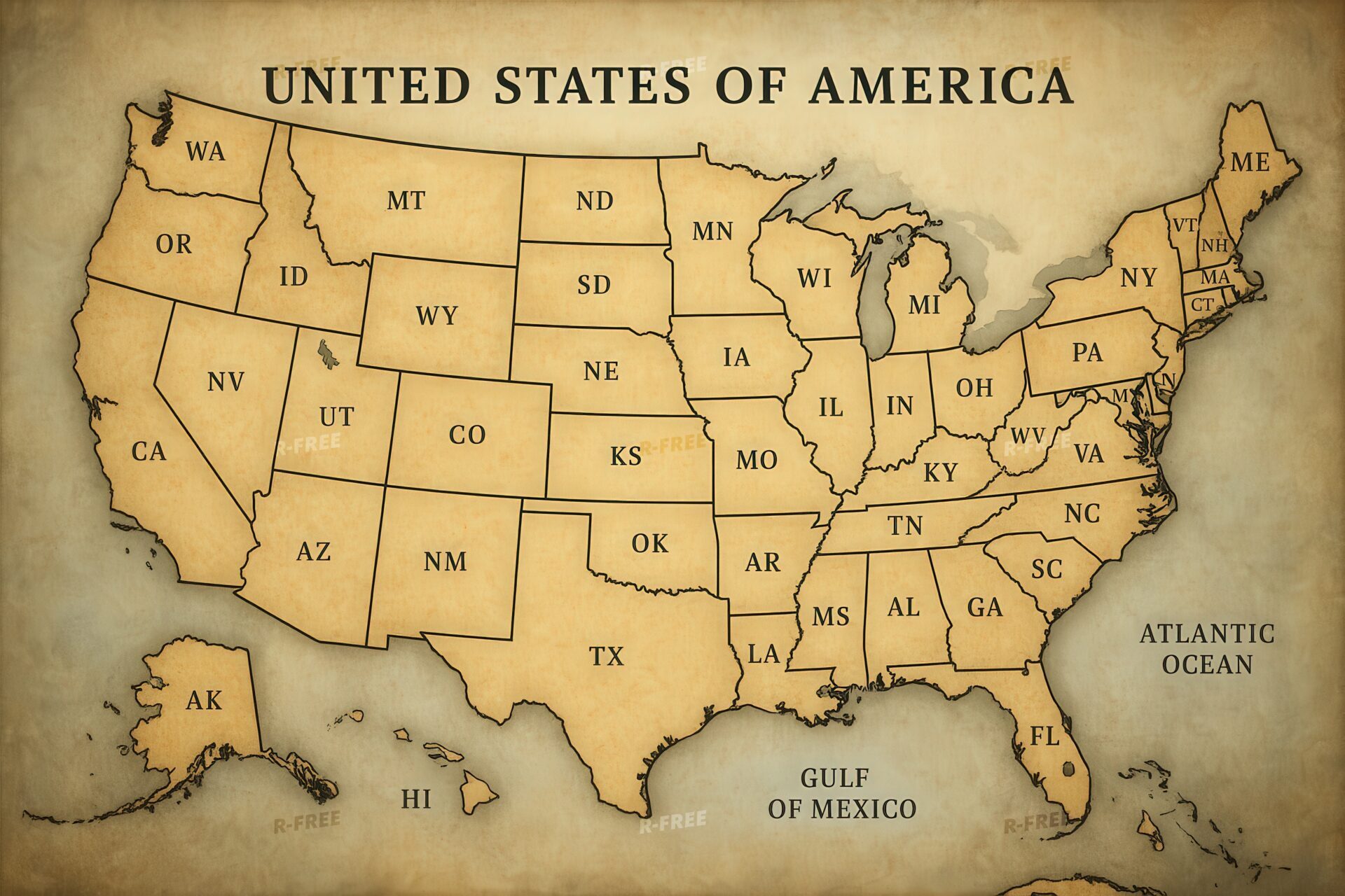 古地図風のアメリカ合衆国の州別地図