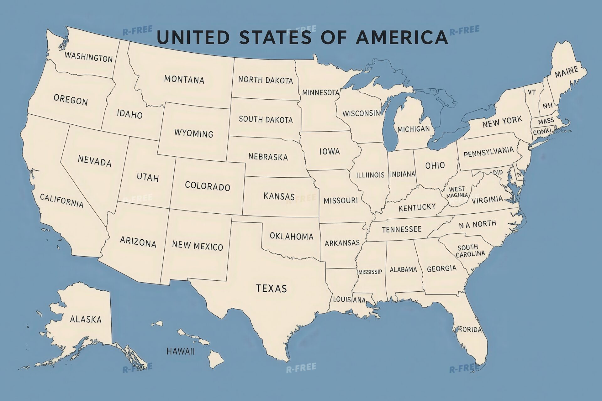 シンプルな線画で示されたアメリカ州地図