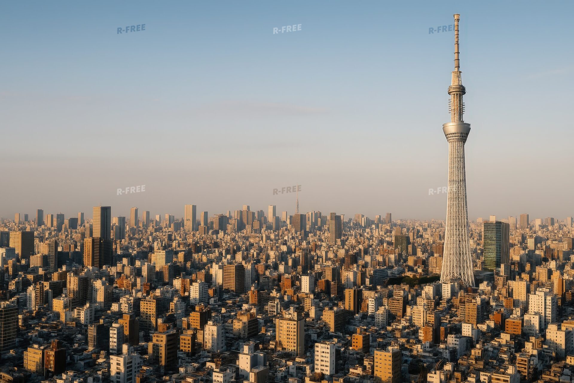 朝日を浴びる東京スカイツリーと広がる市街地
