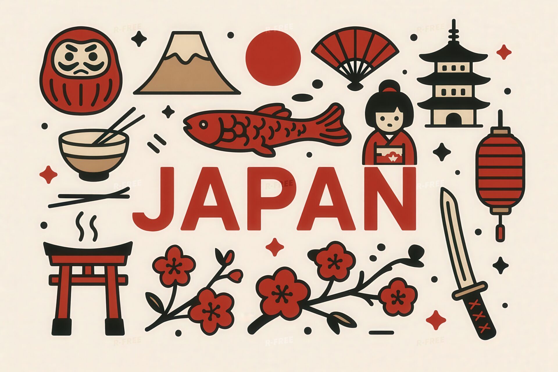 日本の象徴を描いたイラストアイコンセット