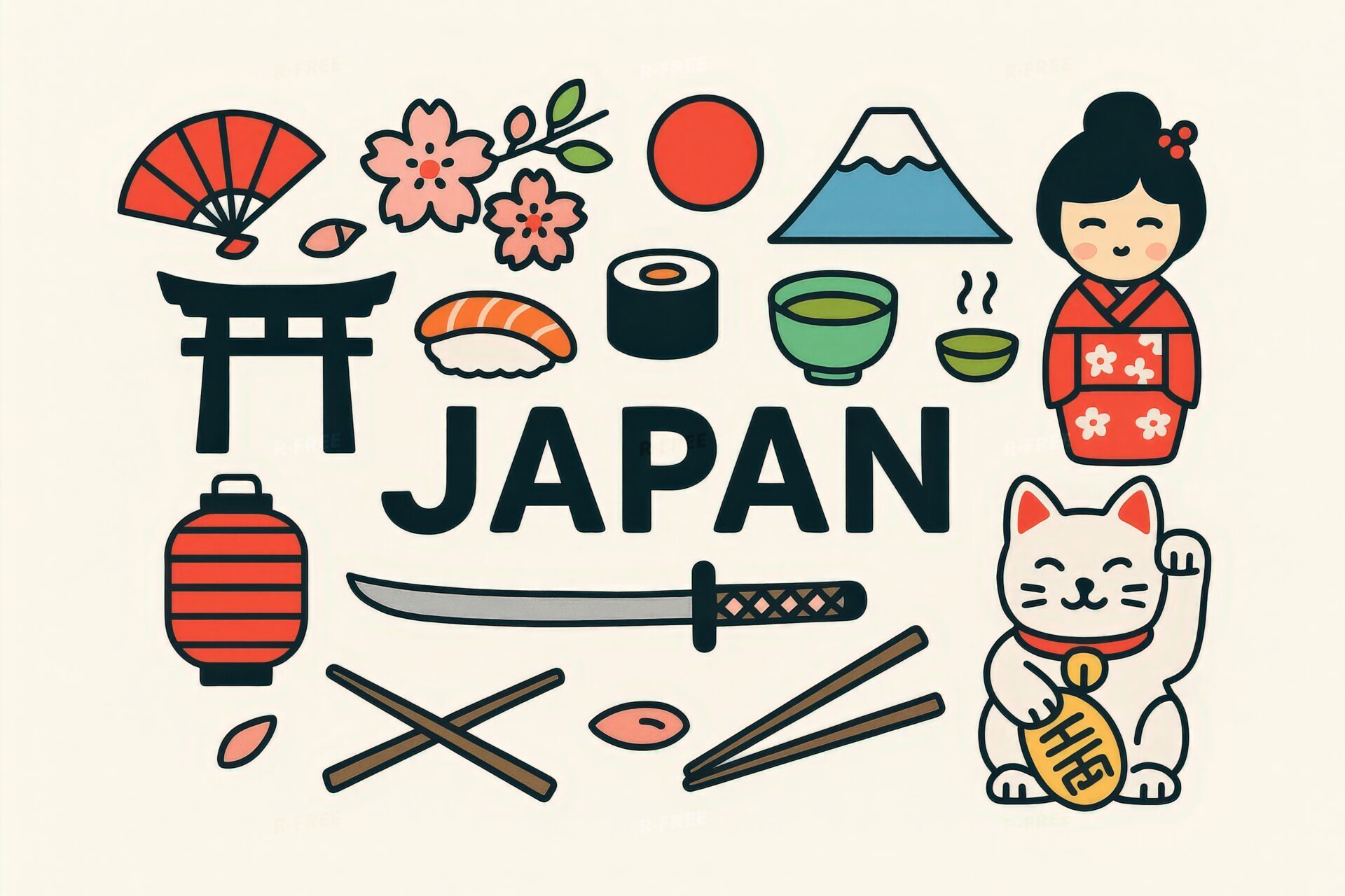 可愛らしい和風イラストで描かれた日本文化