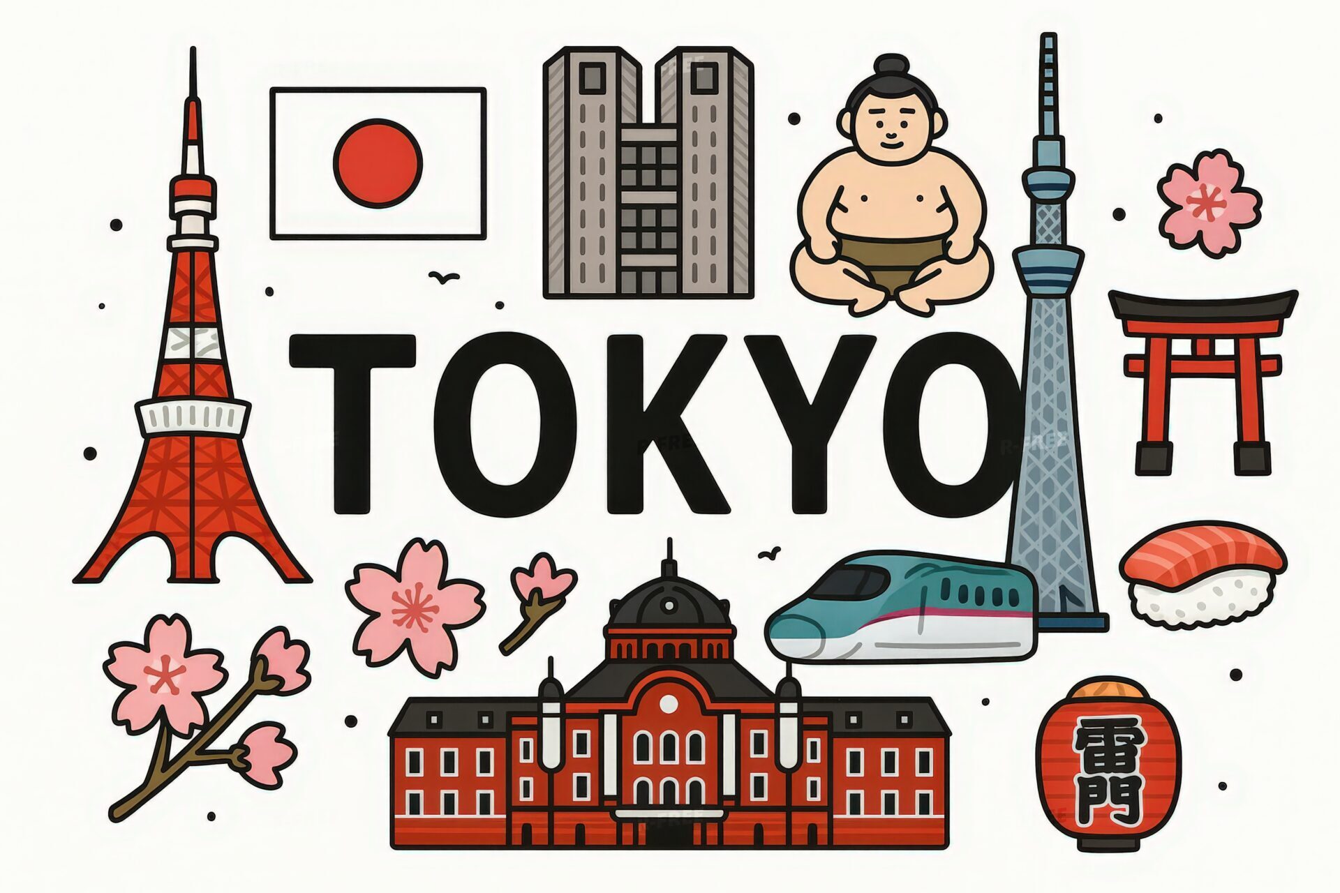 東京の文字と東京タワーや力士を描いた日本旅行イラスト