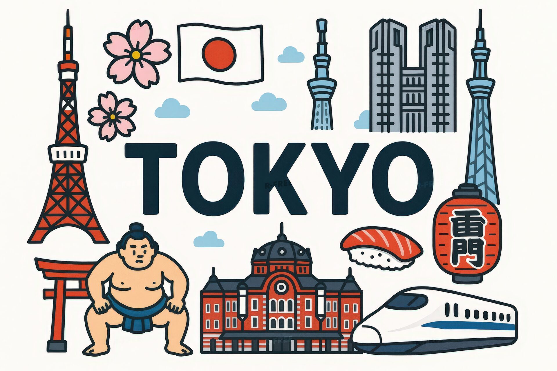 TOKYOの文字と日本国旗や鳥居を描いた東京の日本旅行イラスト