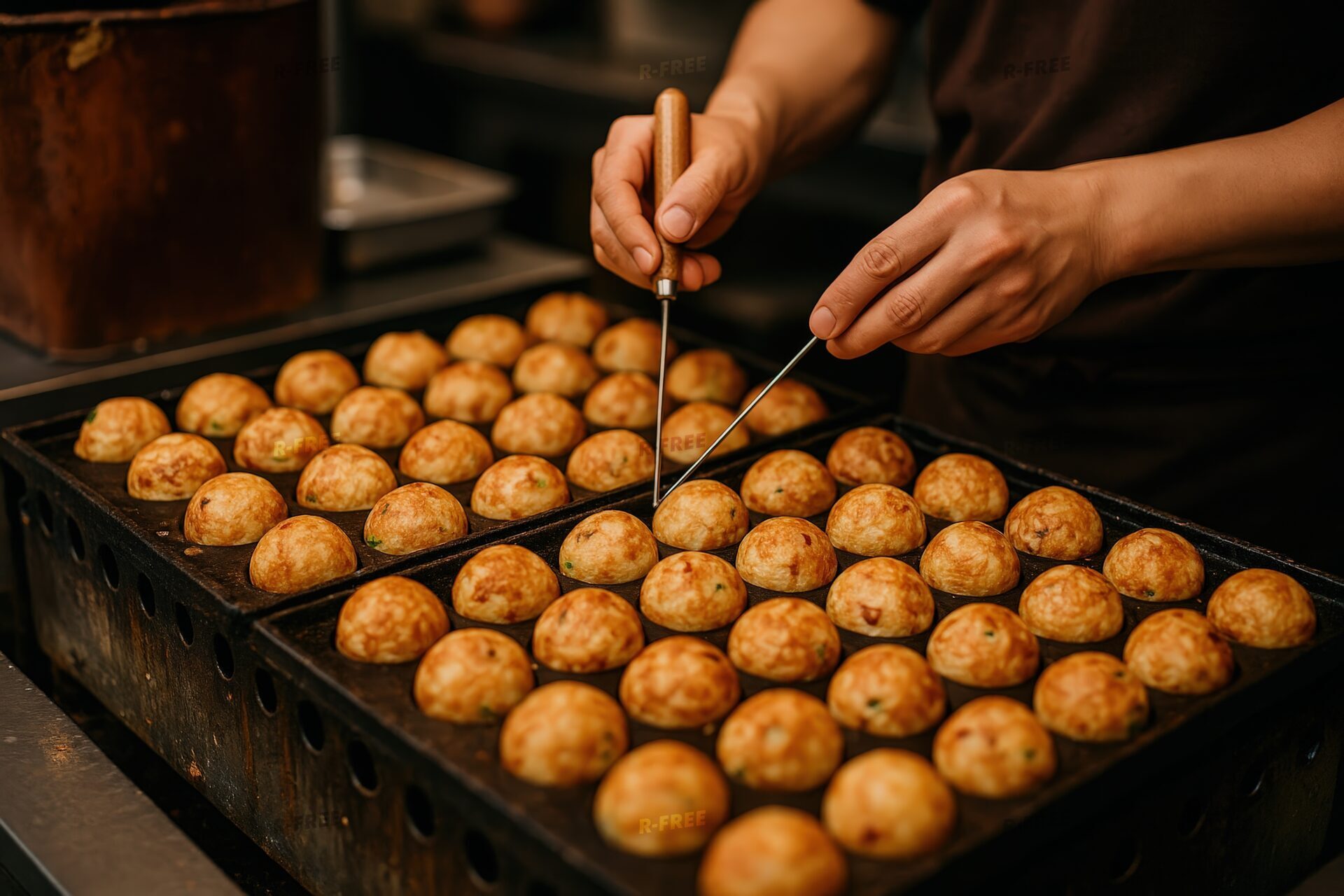 屋台の鉄板で焼かれる大量のたこ焼き
