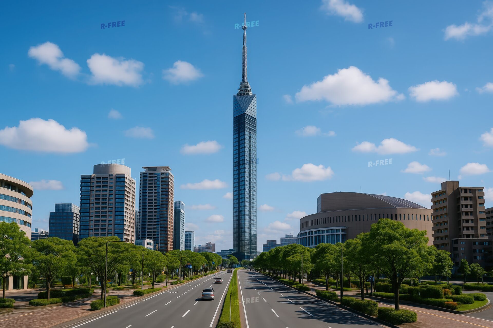 都市の中心に立つ福岡タワーと街並み