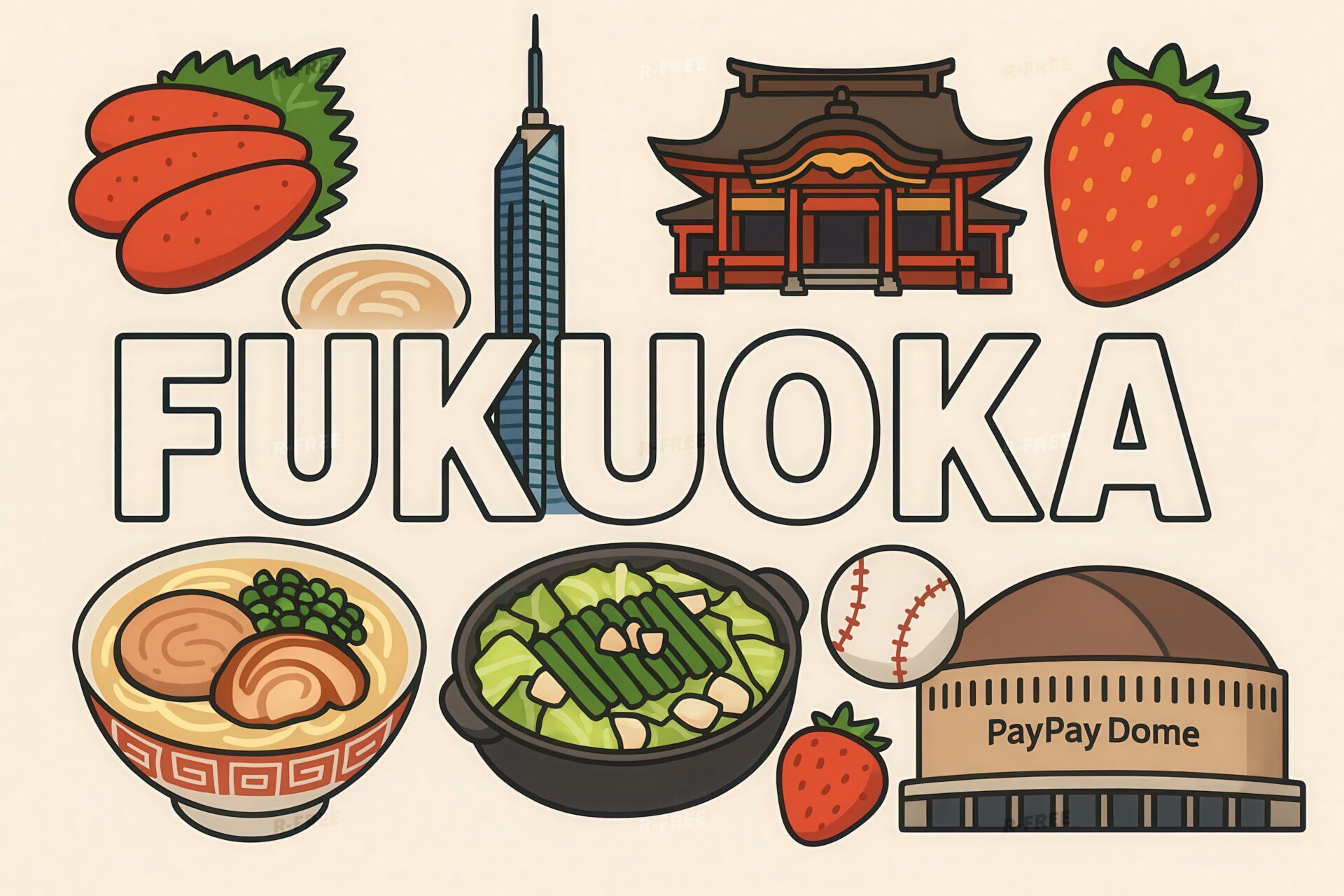 福岡の特産品と観光名所を描いたポップなイラスト