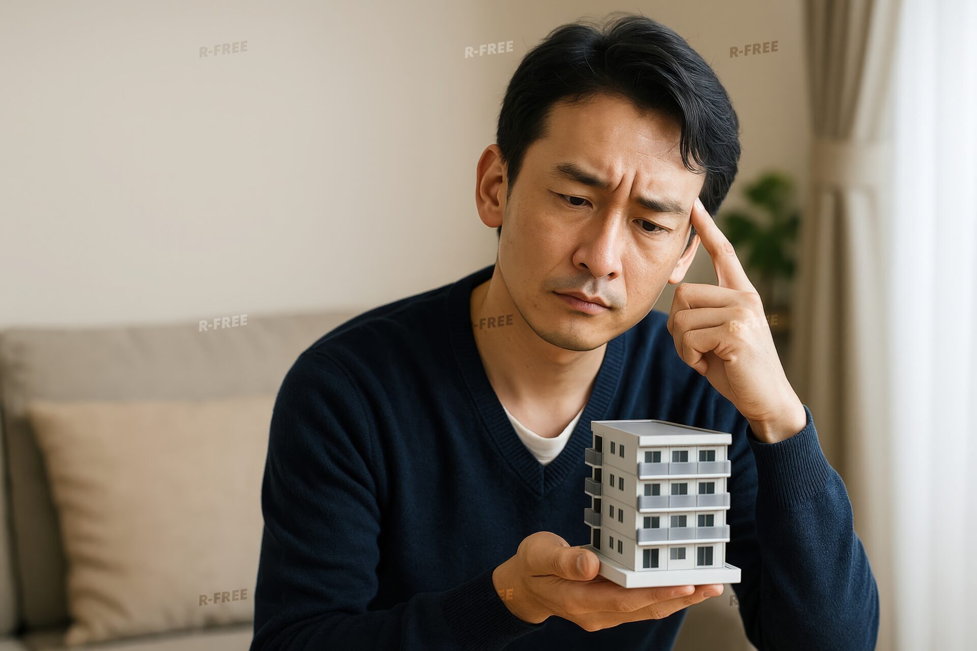 住宅模型を見つめて悩む男性のイメージ