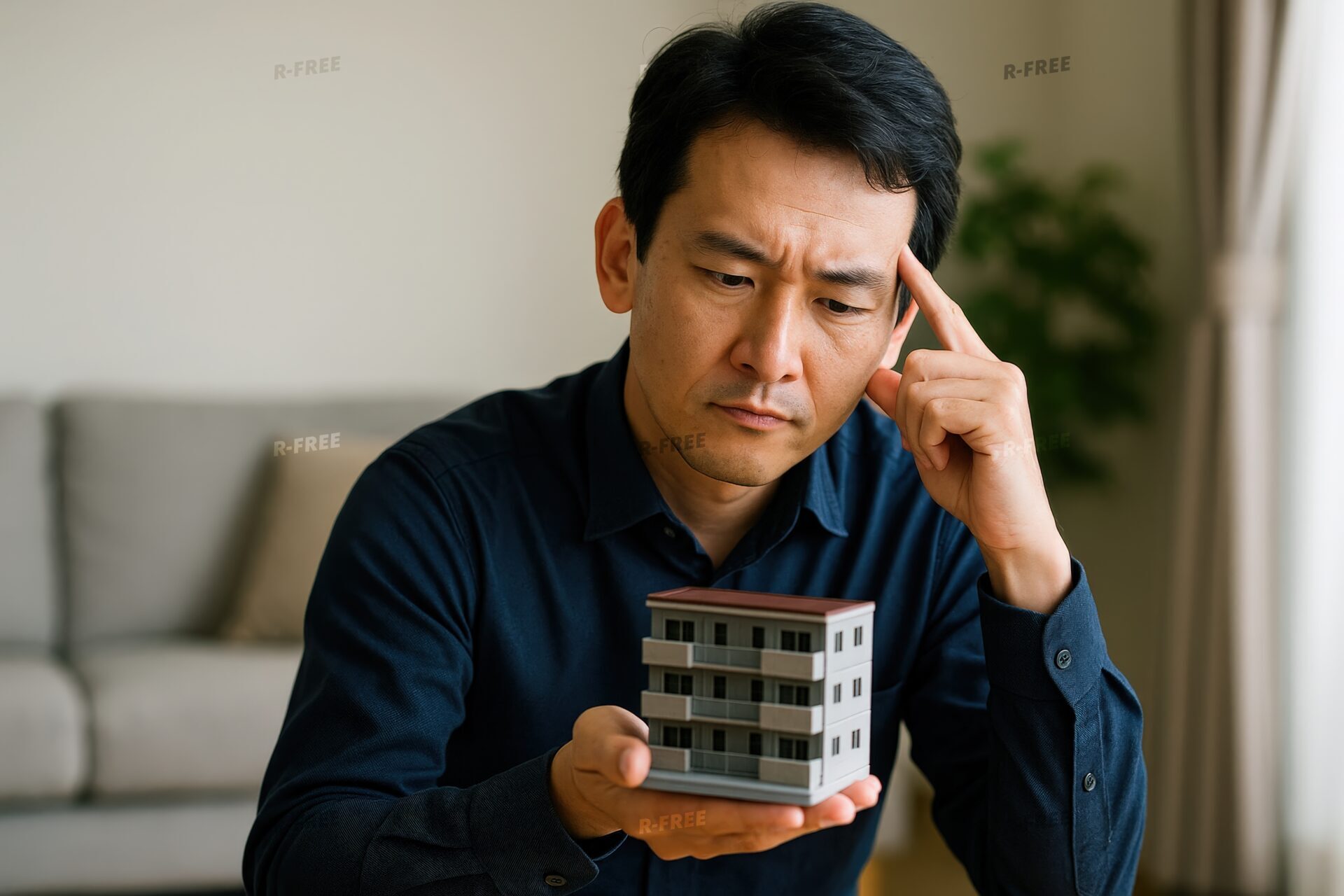 アパート模型を手に悩む表情の男性