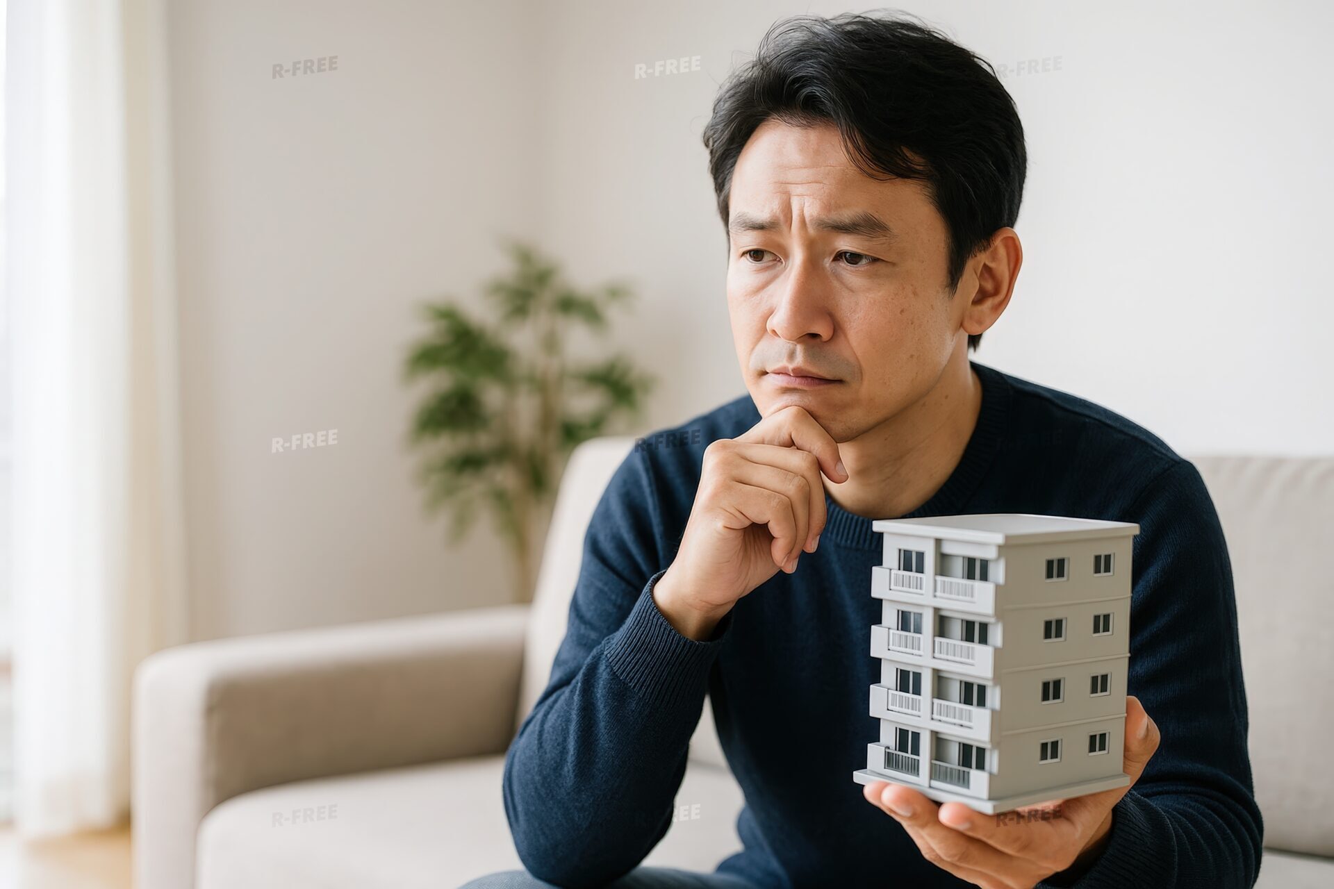 物件購入について考え込む男性