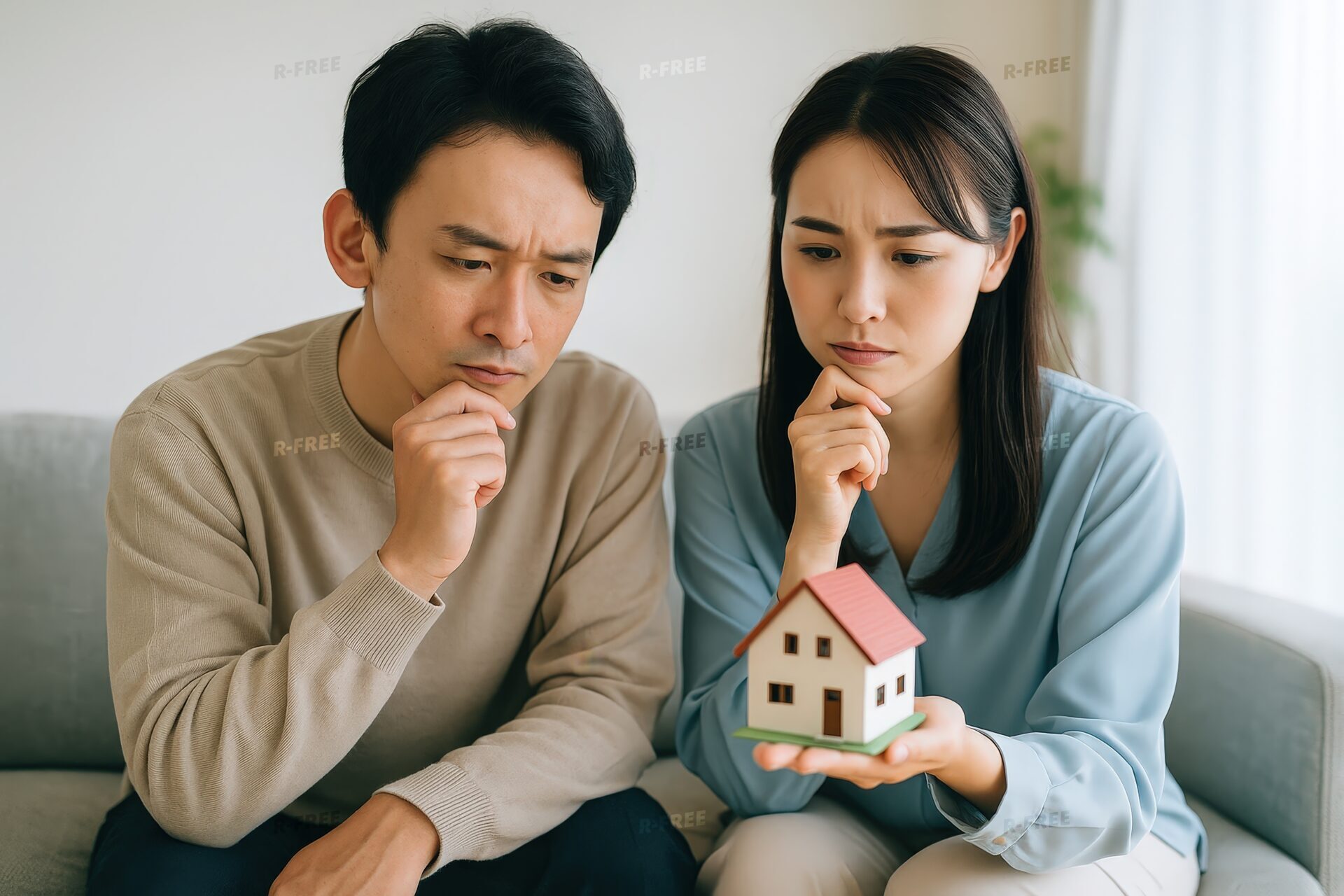 家の模型を手に悩む表情の若い夫婦