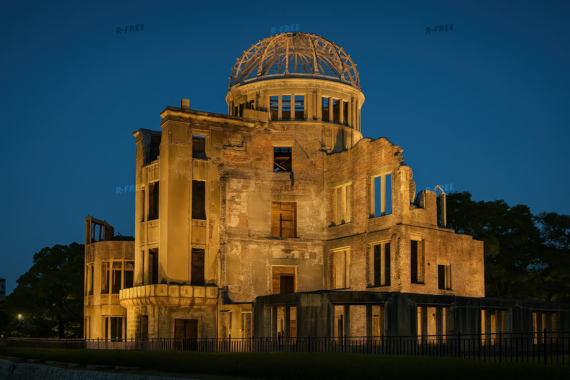 ライトアップされた広島原爆ドームの夜景