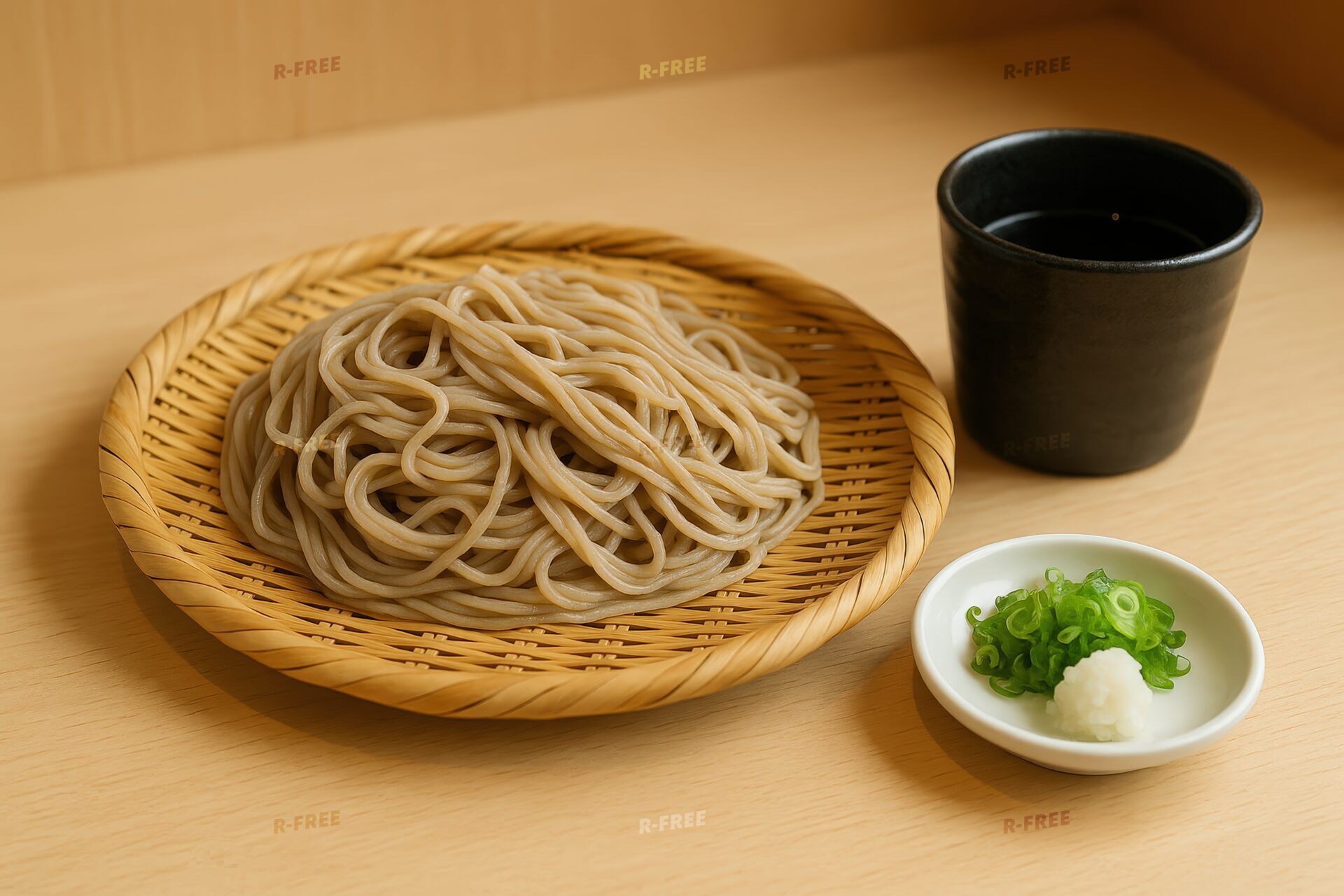 白い器に薬味を添えたざる蕎麦の定番スタイル