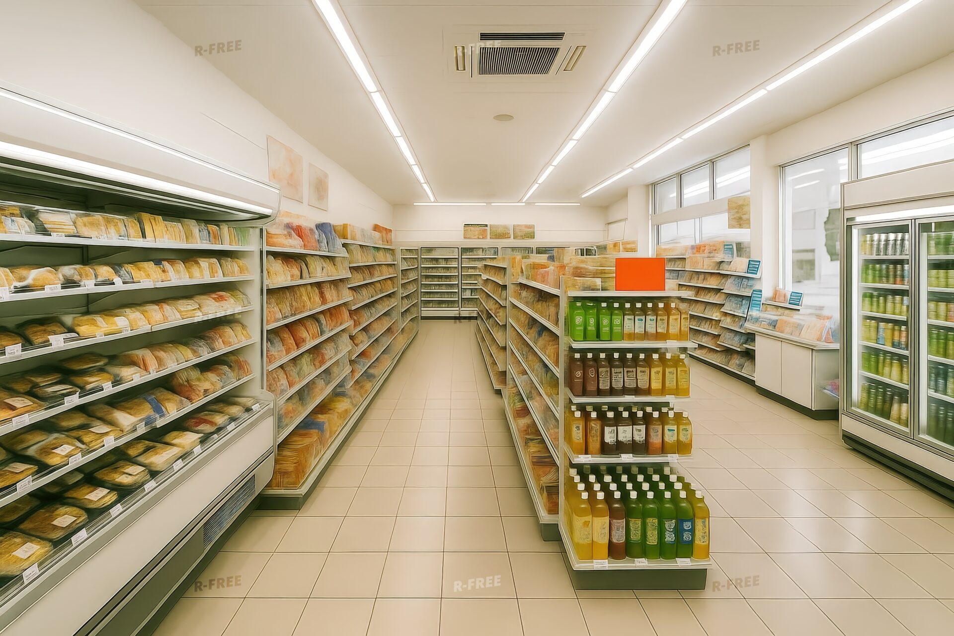 明るく清潔感のあるコンビニの冷蔵食品売り場