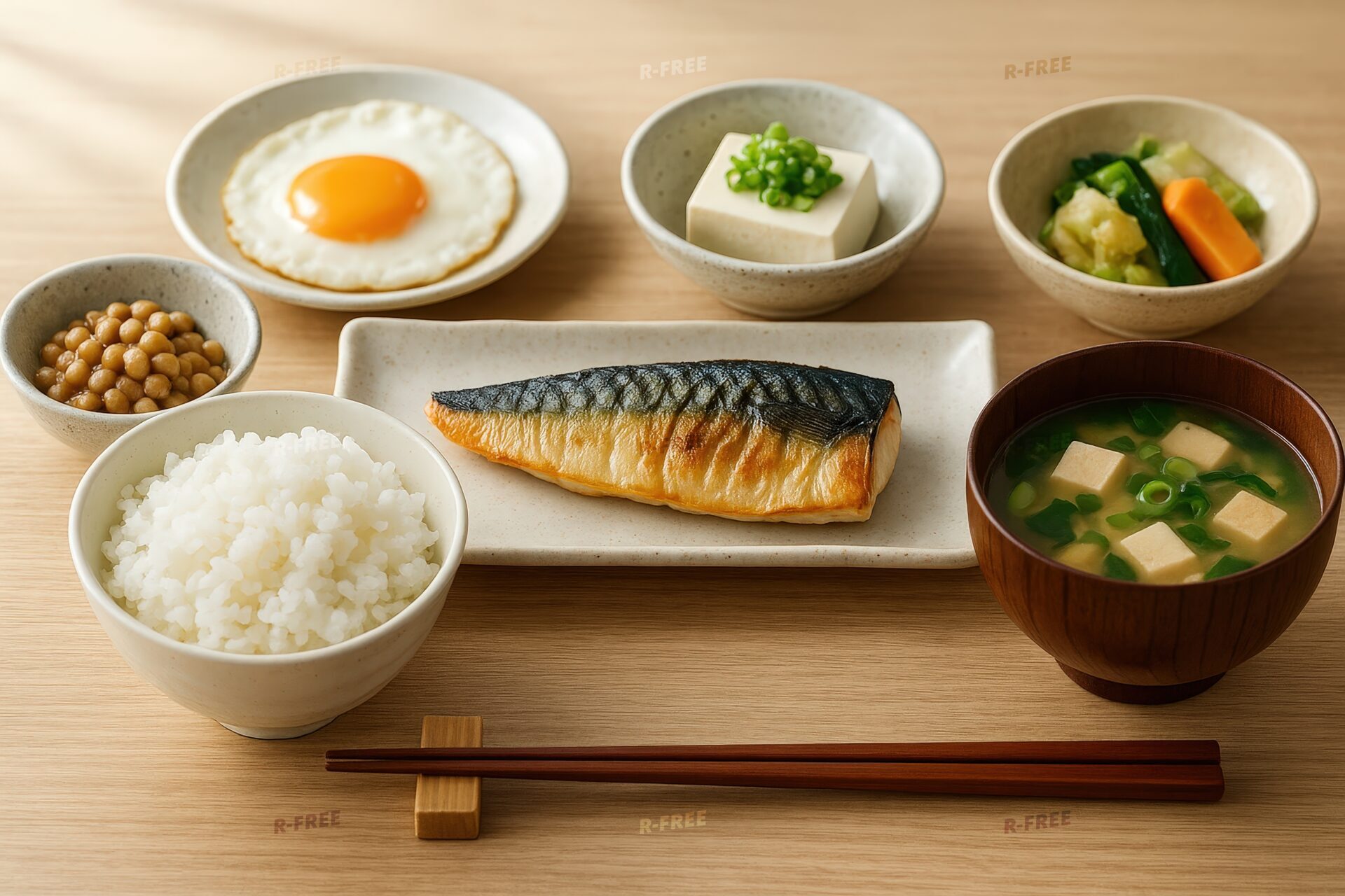 明るい木のテーブルに並ぶ典型的な和朝食