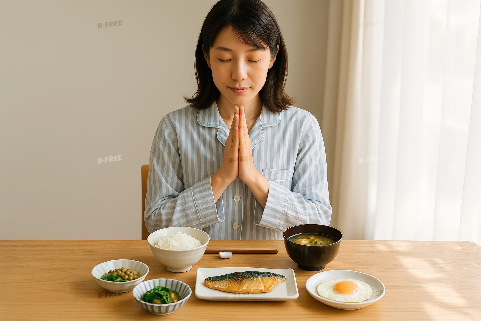 いただきますのポーズで和朝食を前にする女性