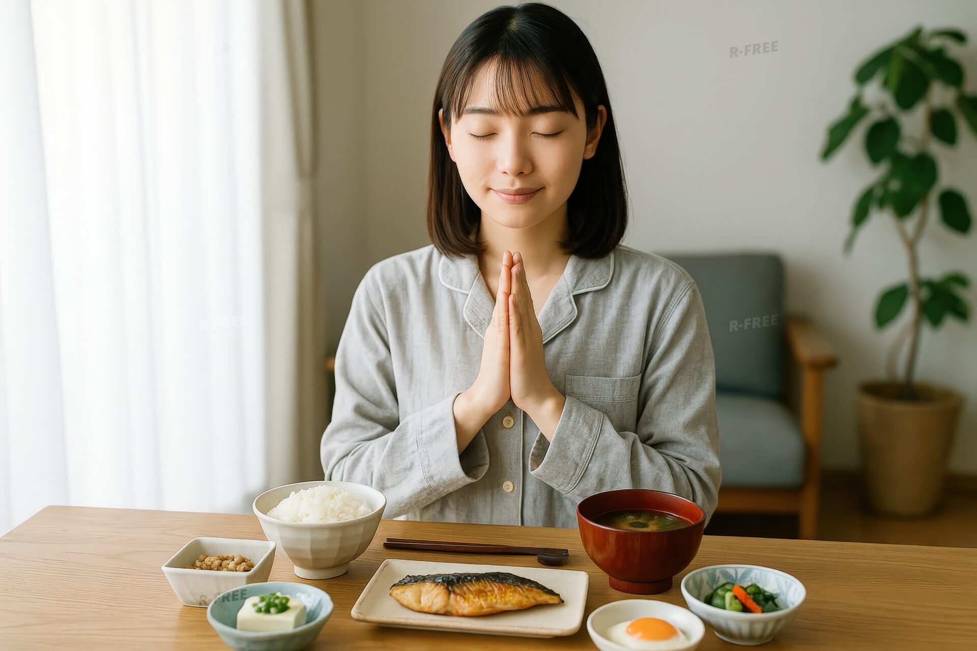 和食の朝食を前に感謝のポーズをする女性
