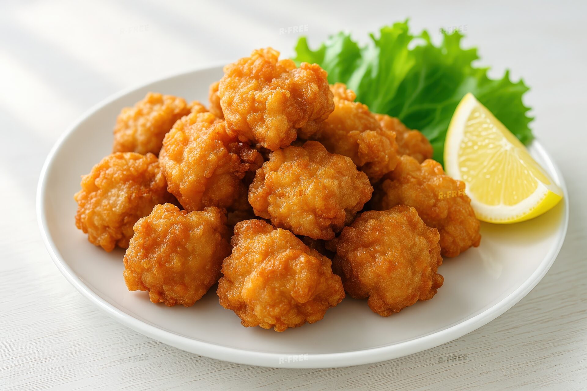 白い皿に盛り付けられた鶏の唐揚げとレモン