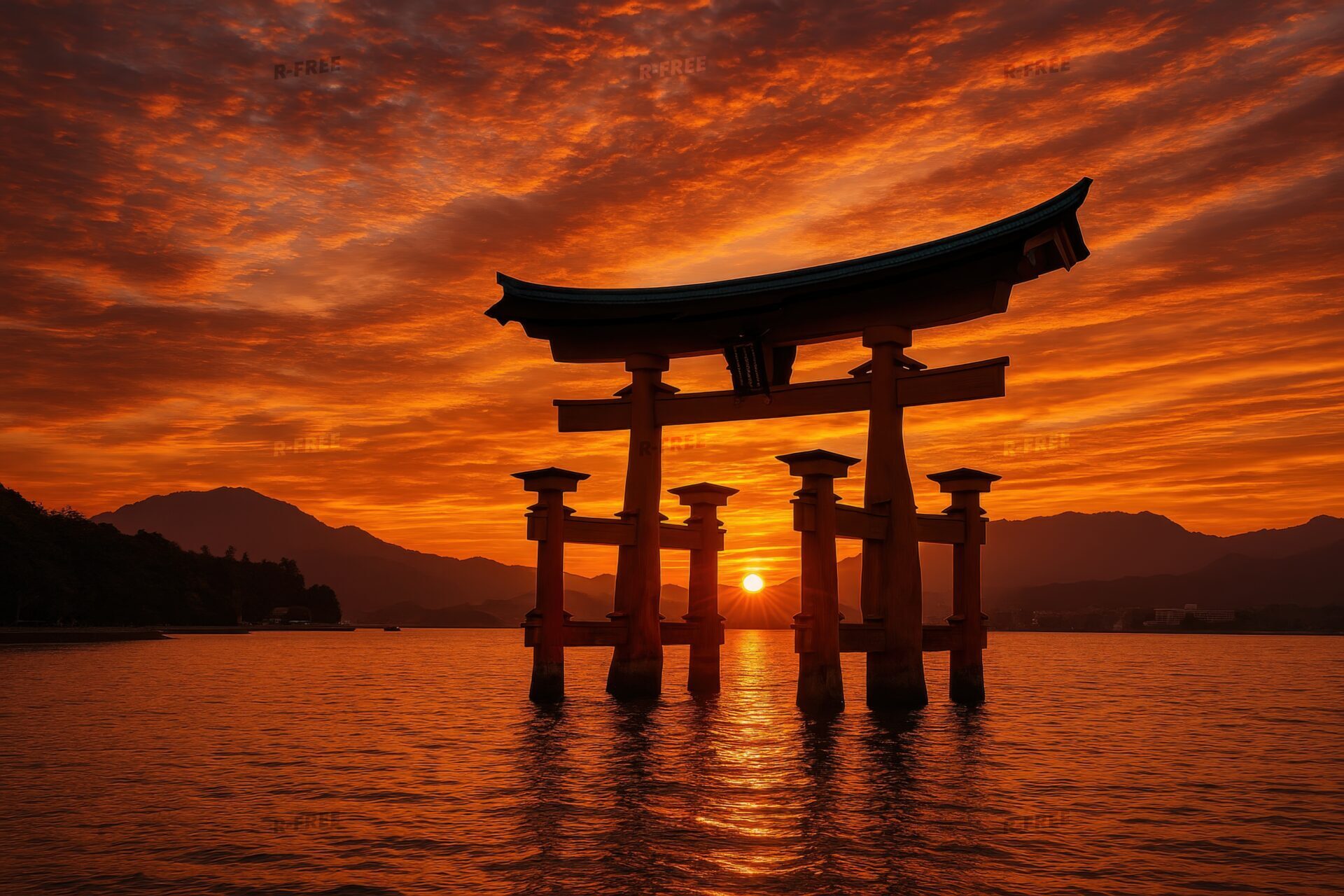 ドラマチックな夕焼けと厳島神社の大鳥居