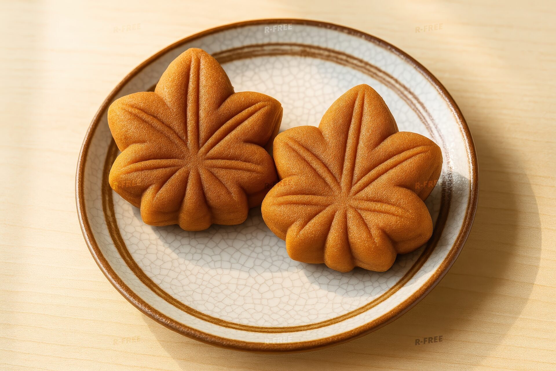 明るい光の中に置かれたもみじ饅頭