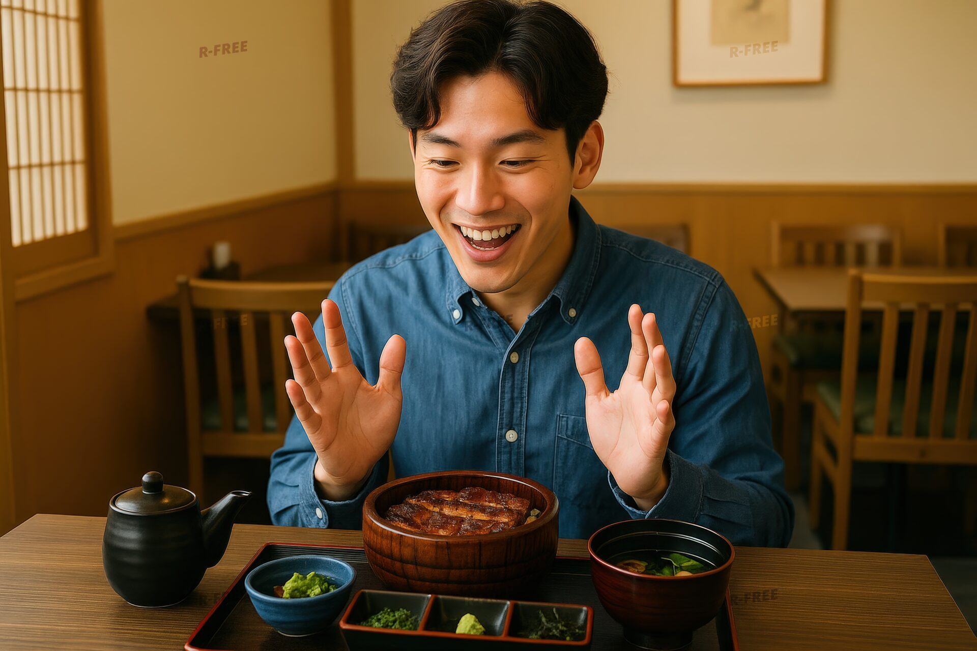 笑顔でひつまぶしを楽しみにする若い男性