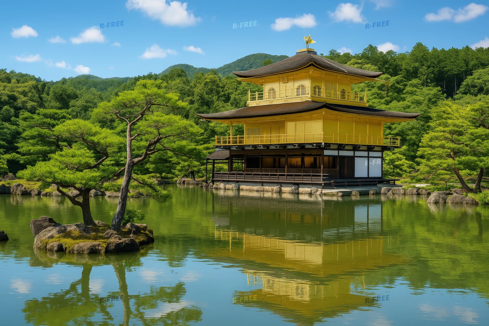 金閣寺と松の木が水面に映る風景