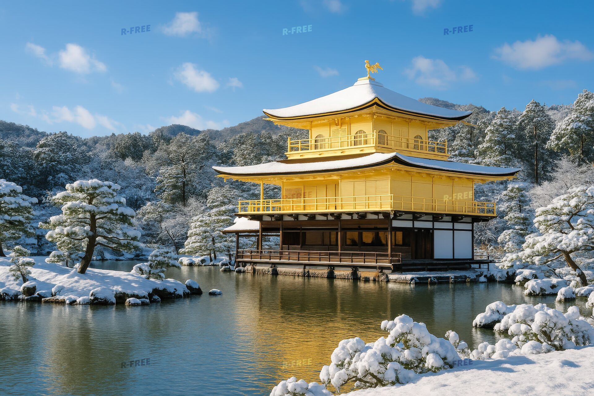冬の金閣寺と雪化粧の庭園