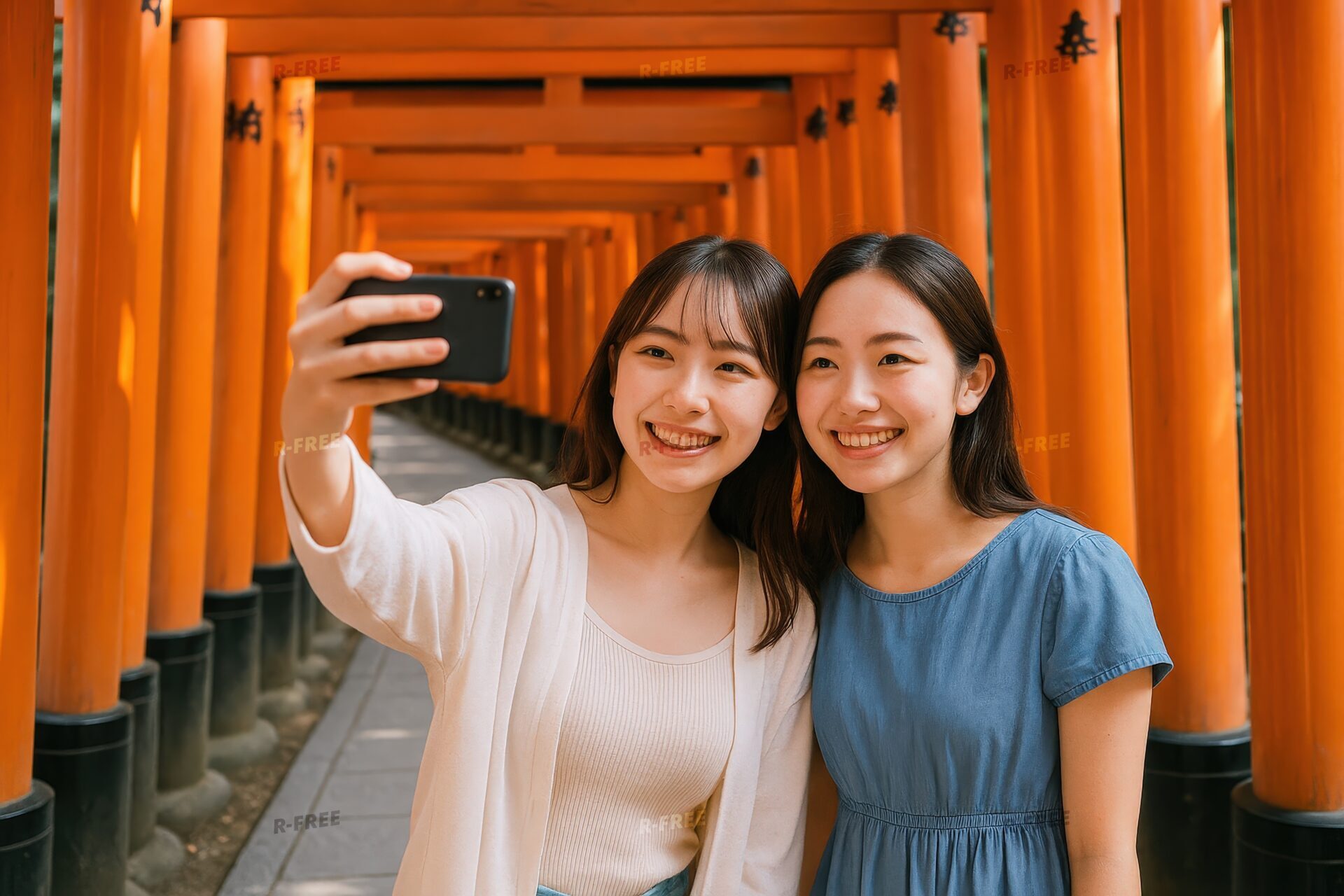 鳥居の前で自撮りを楽しむ若い女性たち