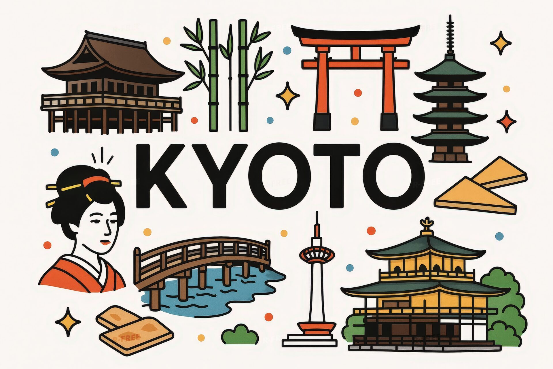 五重塔や舞妓を描いた京都テーマのイラスト