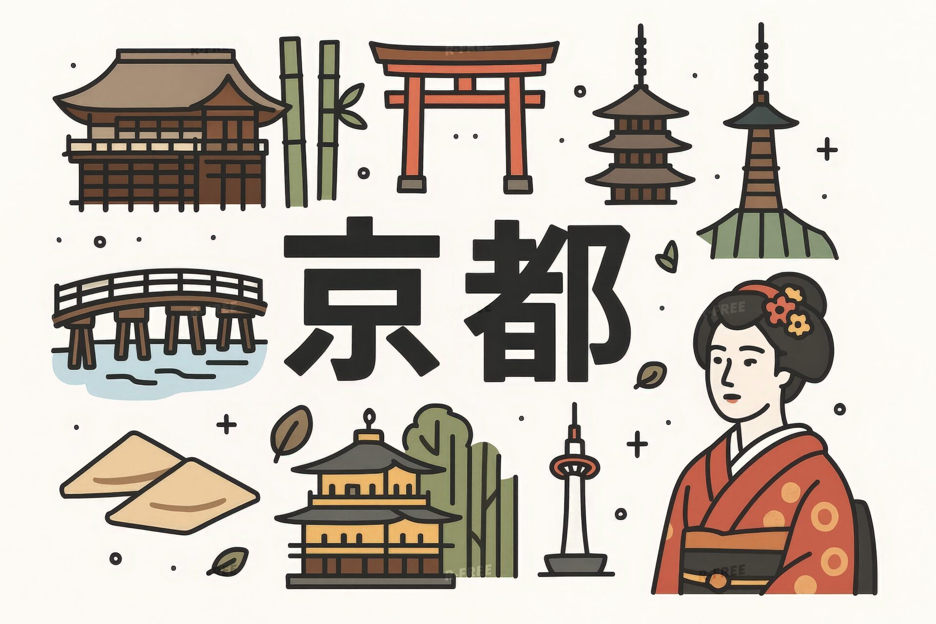 和風の京都観光地と舞妓が描かれたイラスト