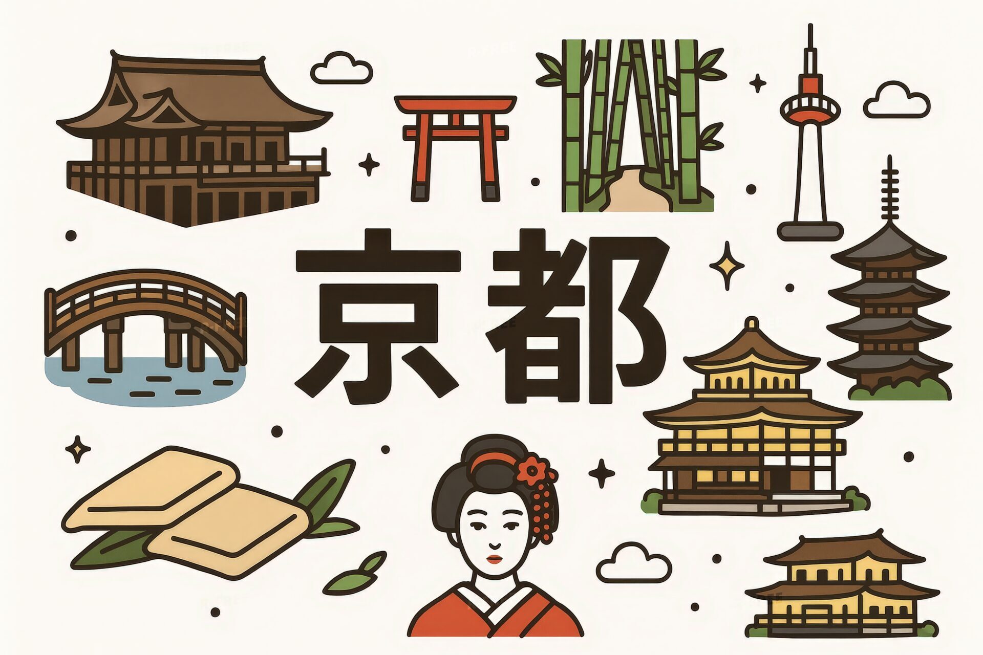 竹林や寺院が並ぶ京都の観光地イラスト