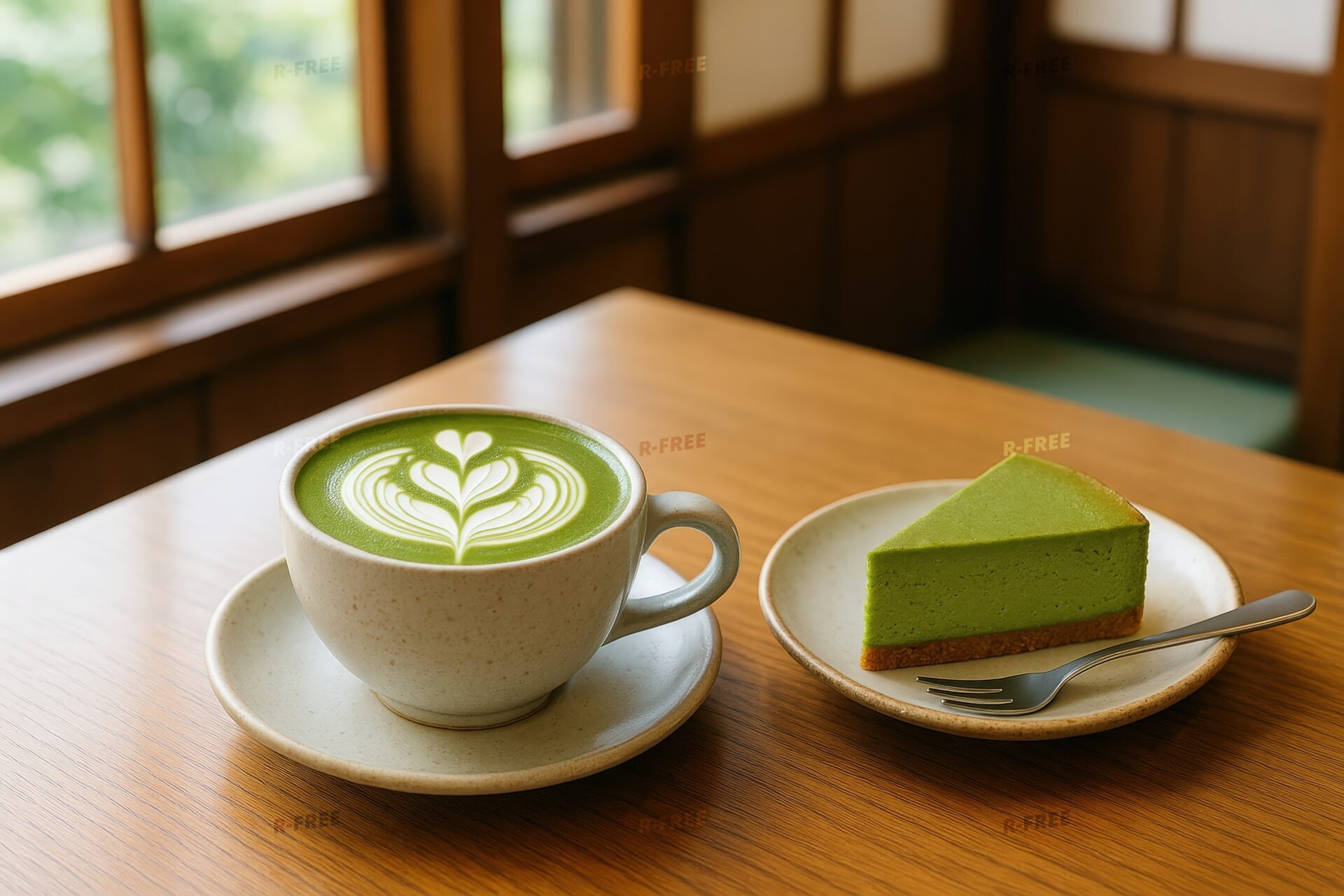 抹茶ラテと抹茶チーズケーキが並ぶカフェテーブル
