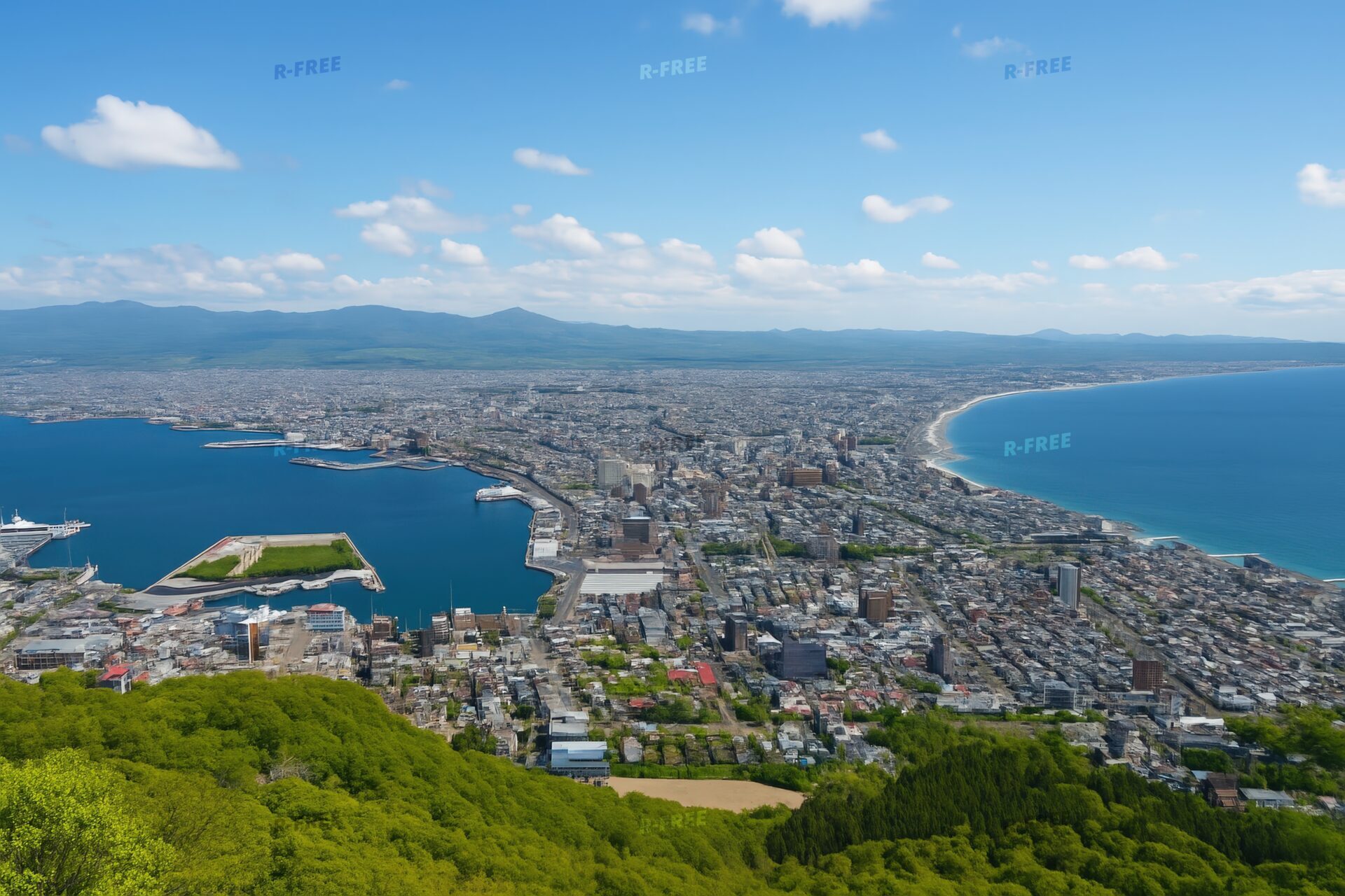 青空の下に広がる函館市街と海岸線の風景