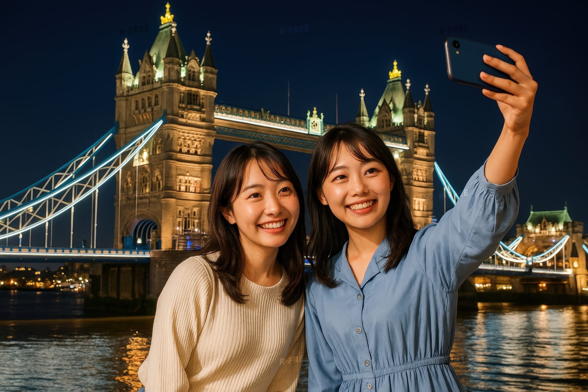 ロンドン塔橋を背景にスマホで自撮りする女性二人