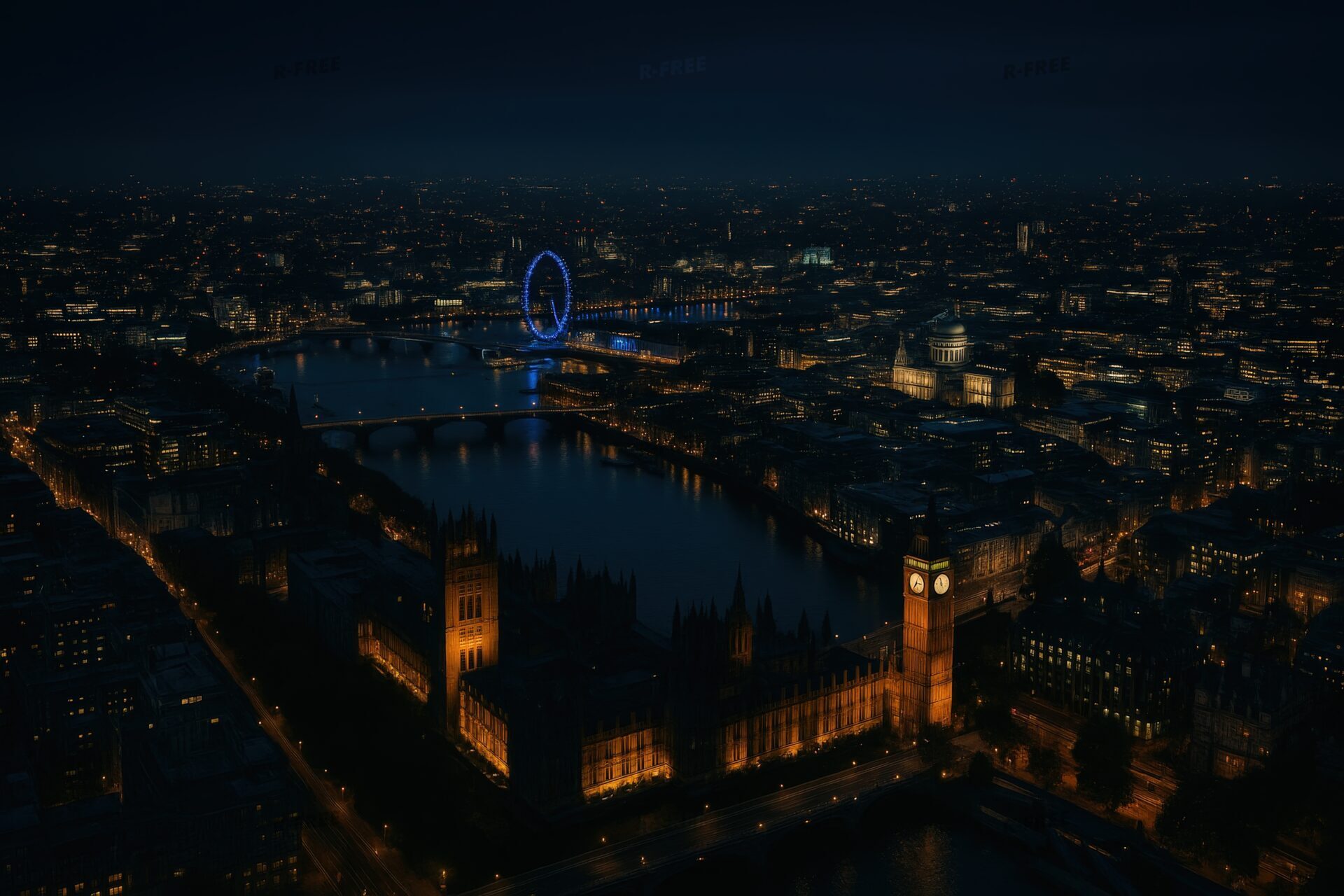 ライトアップされたロンドン市街とビッグベンの夜景