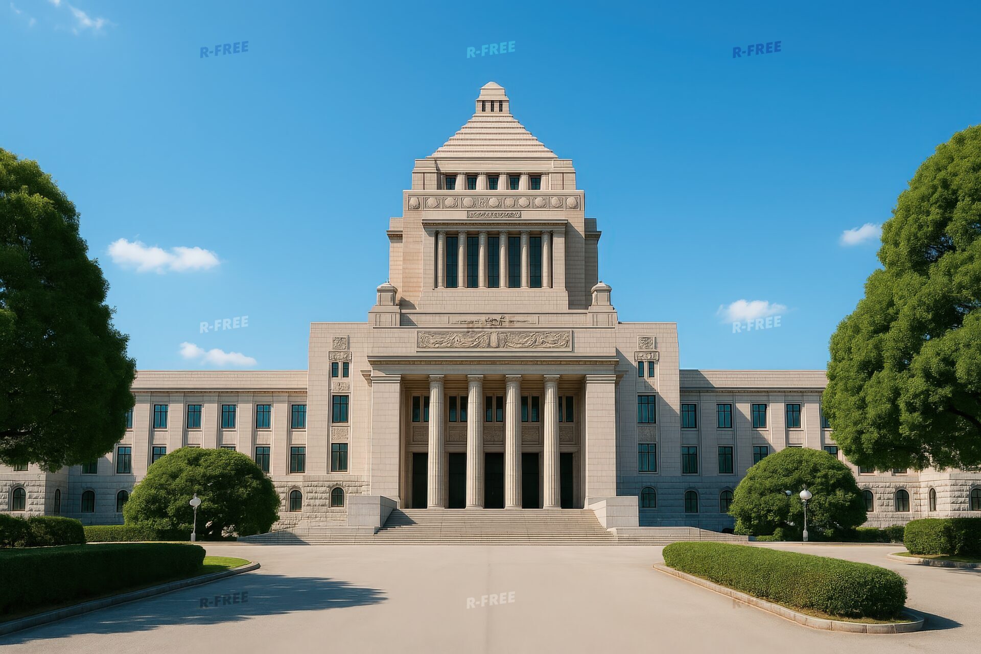 国会議事堂を正面から撮影した晴天の風景