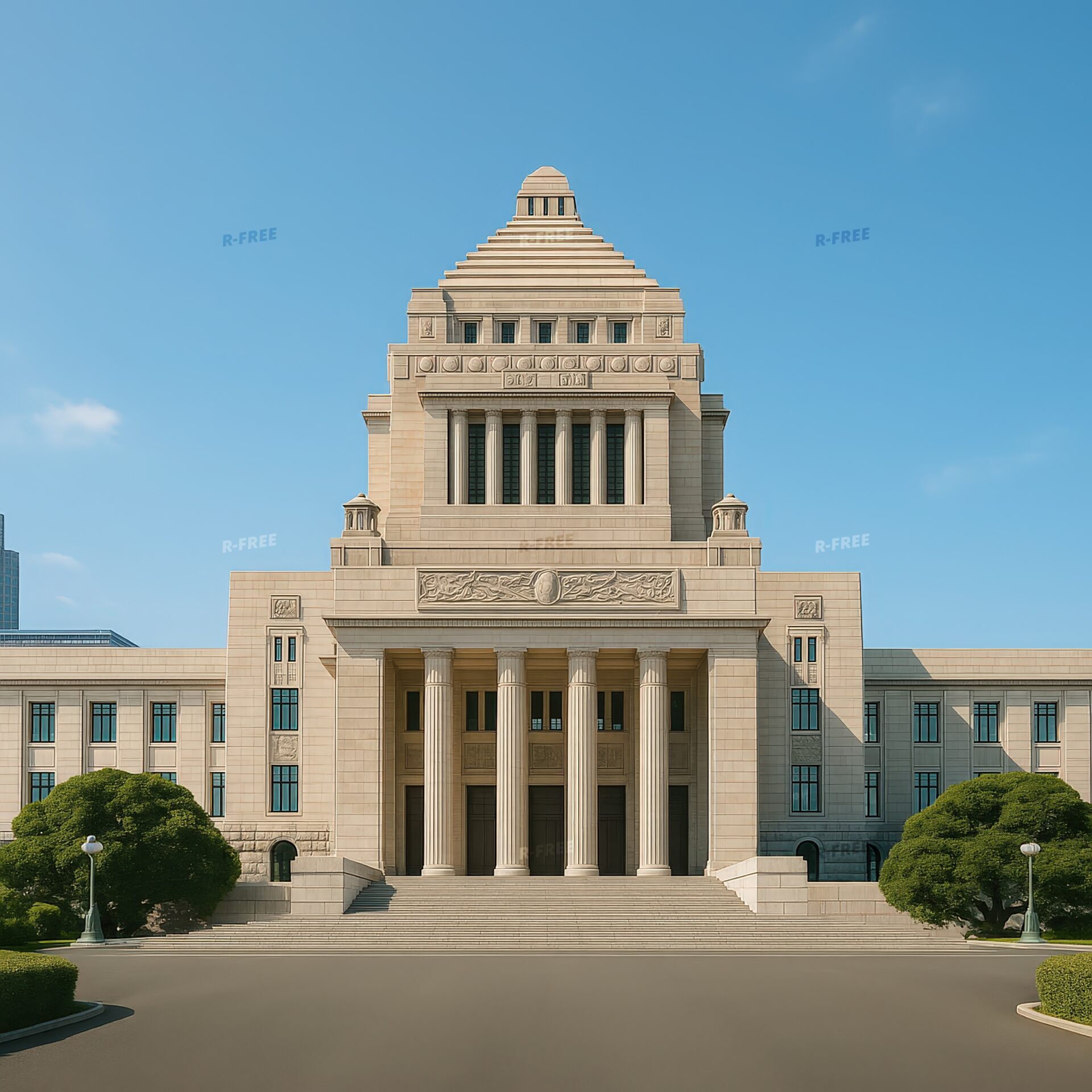 青空の下で見上げた日本の国会議事堂の外観