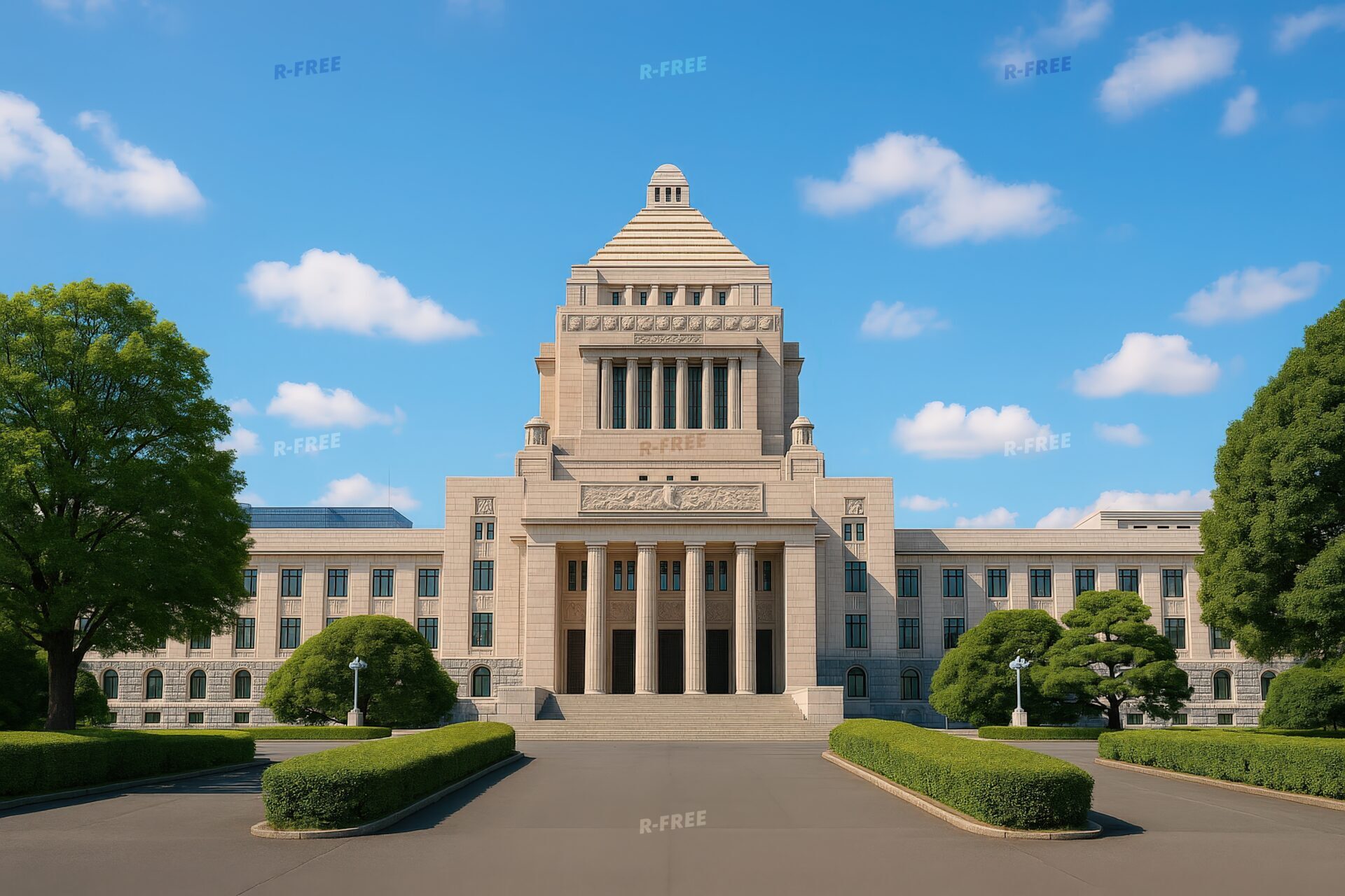 整備された植栽に囲まれた国会議事堂の広場と正面
