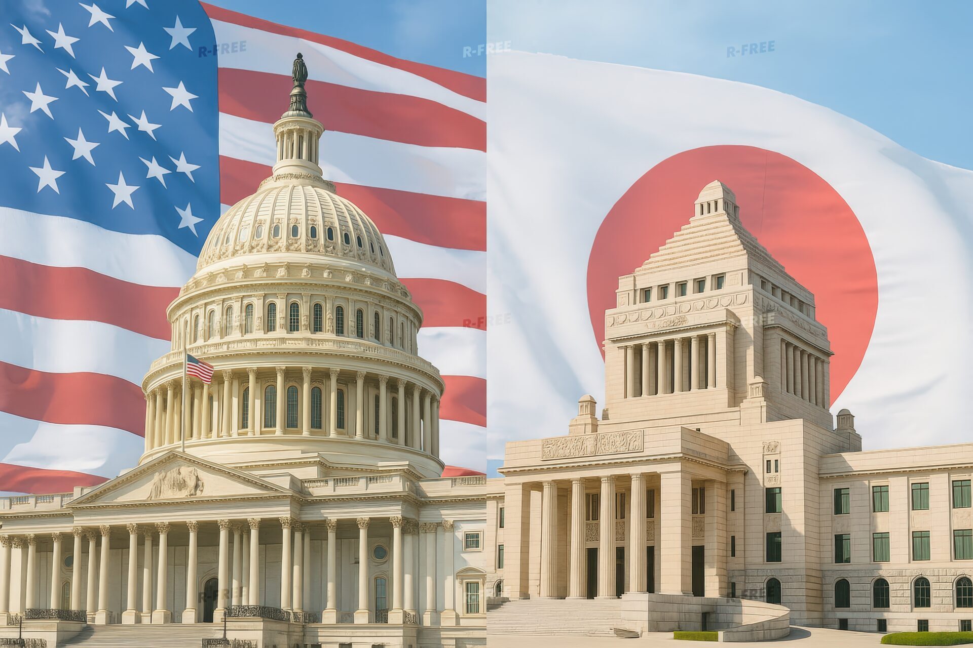 米国議会議事堂と日本国会議事堂を並べた構成