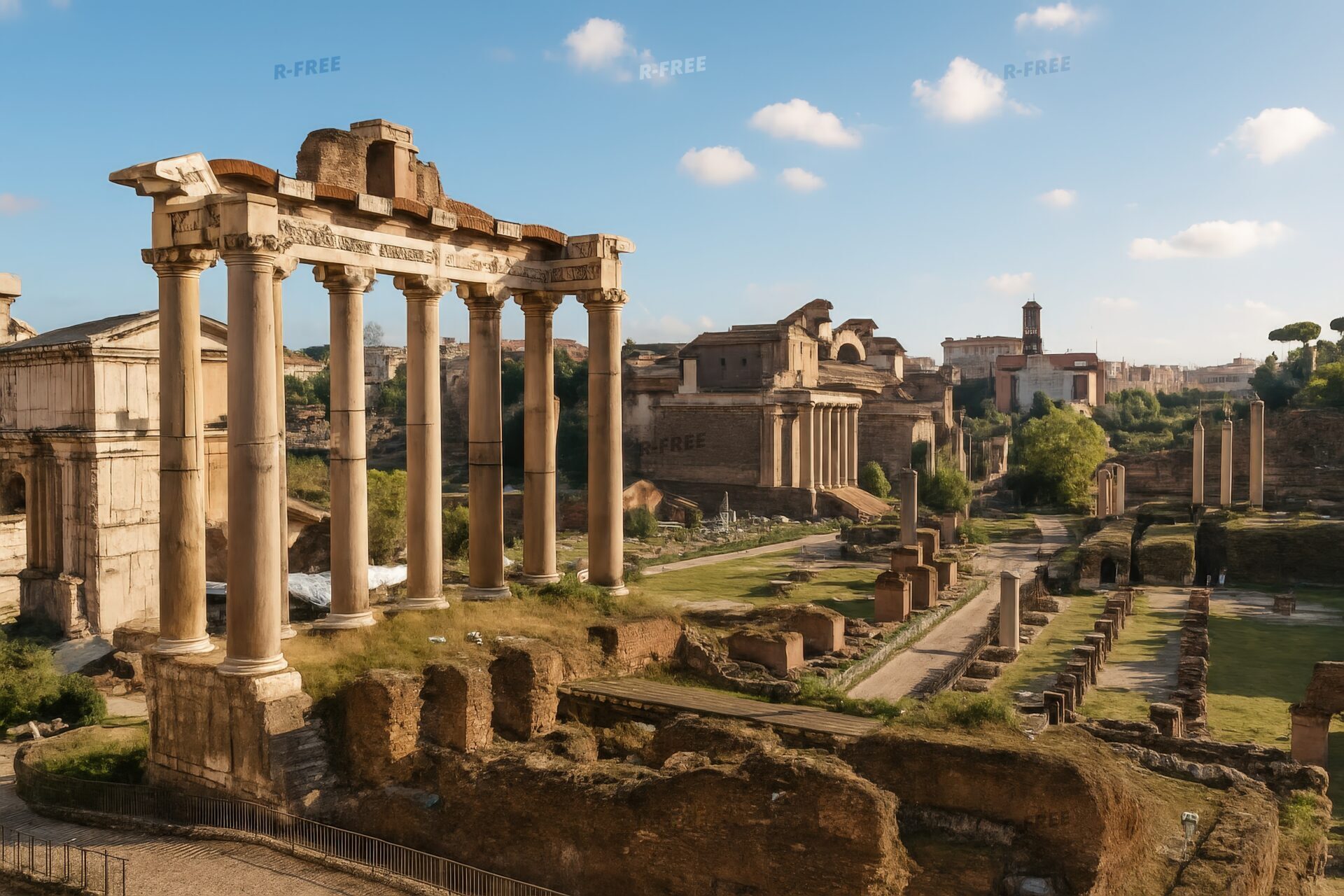 古代ローマ遺跡フォロ・ロマーノの朝の風景と神殿の柱