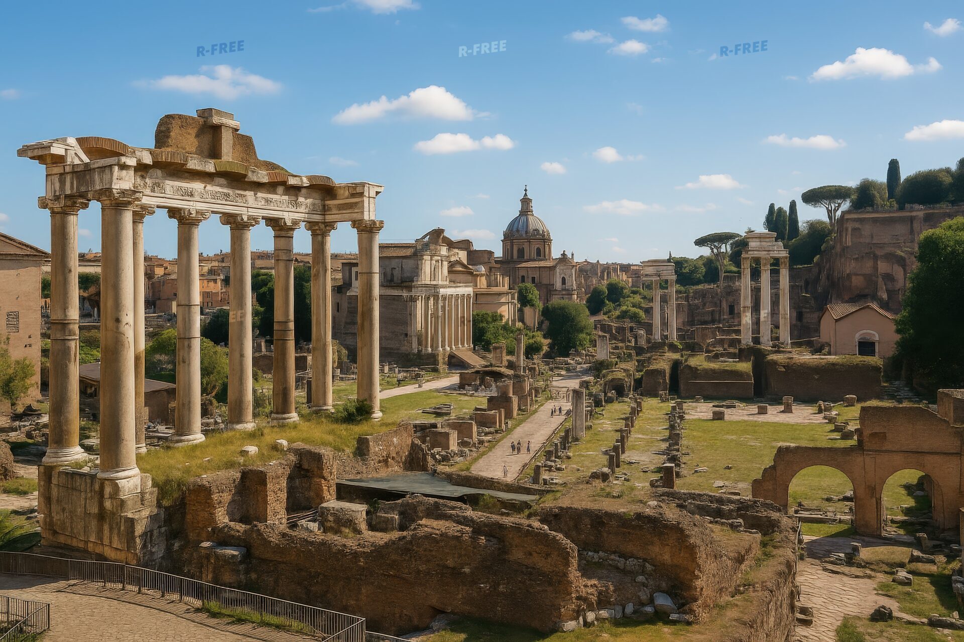 フォロ・ロマーノの全景と古代神殿が並ぶ歴史的遺構