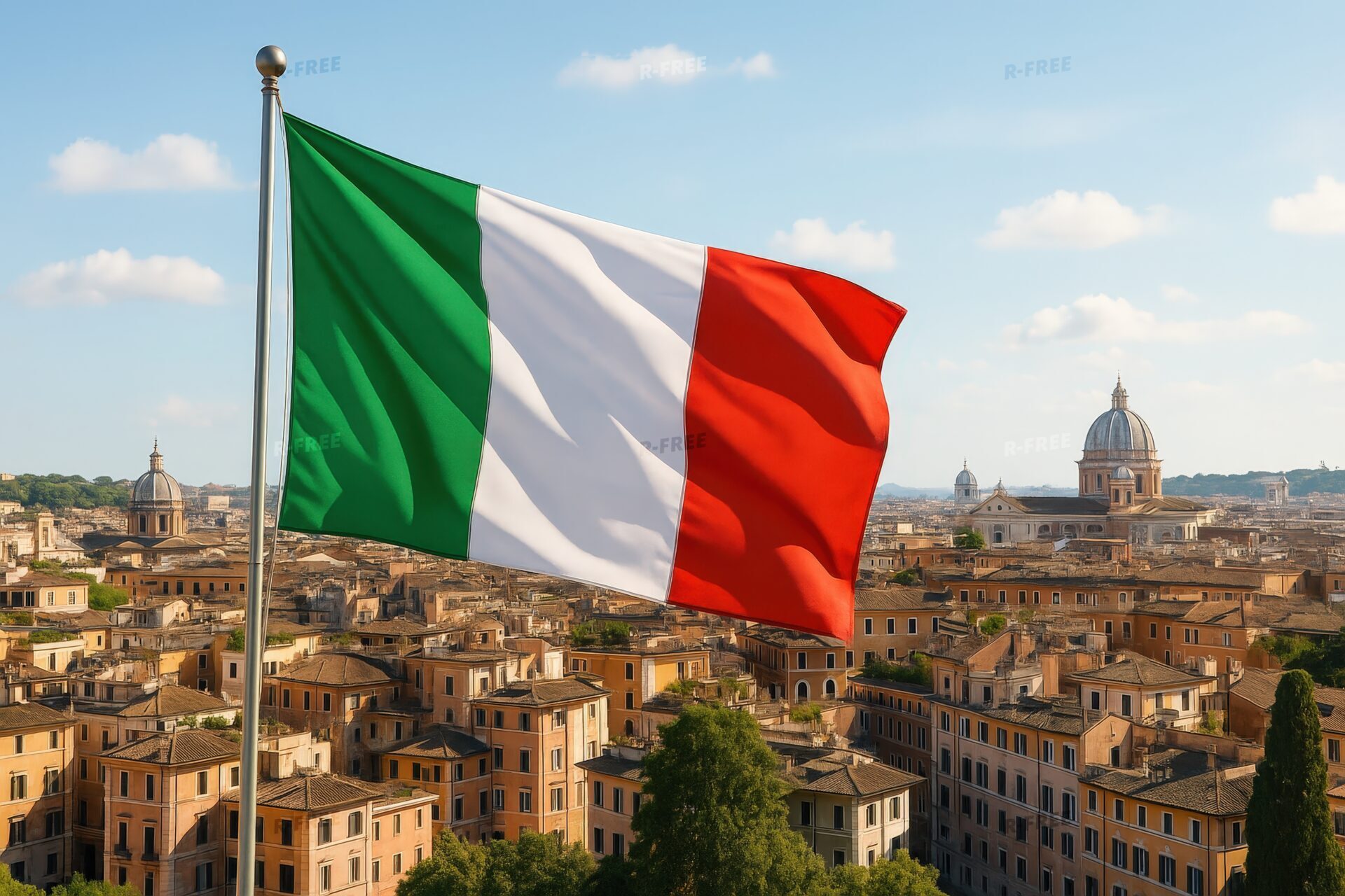 ローマの街並みを背景に風にたなびくイタリア国旗