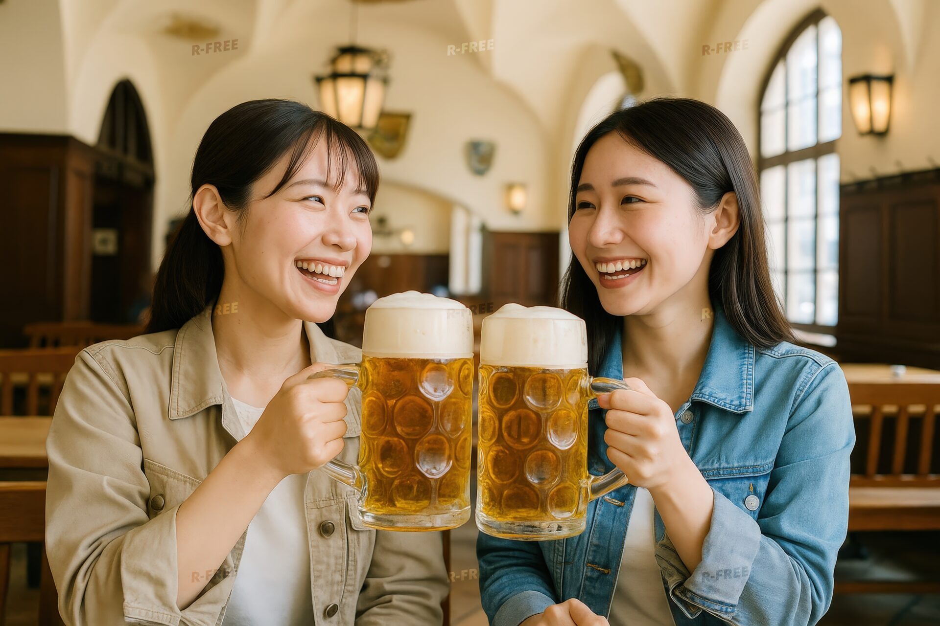 ビアホールで乾杯する笑顔の若い女性二人