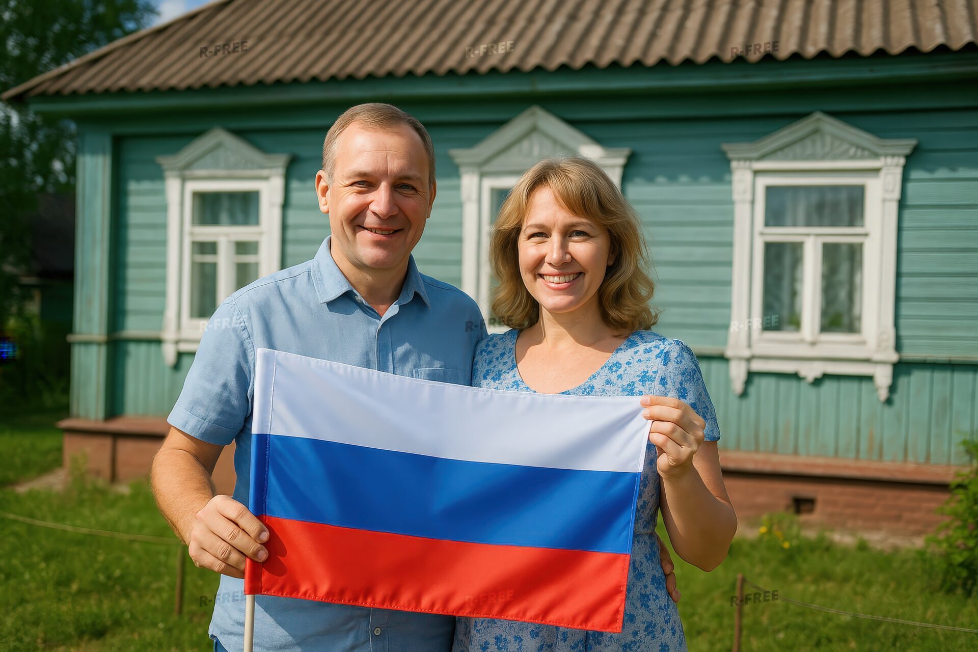 ロシア国旗を持って微笑むロシア人夫婦