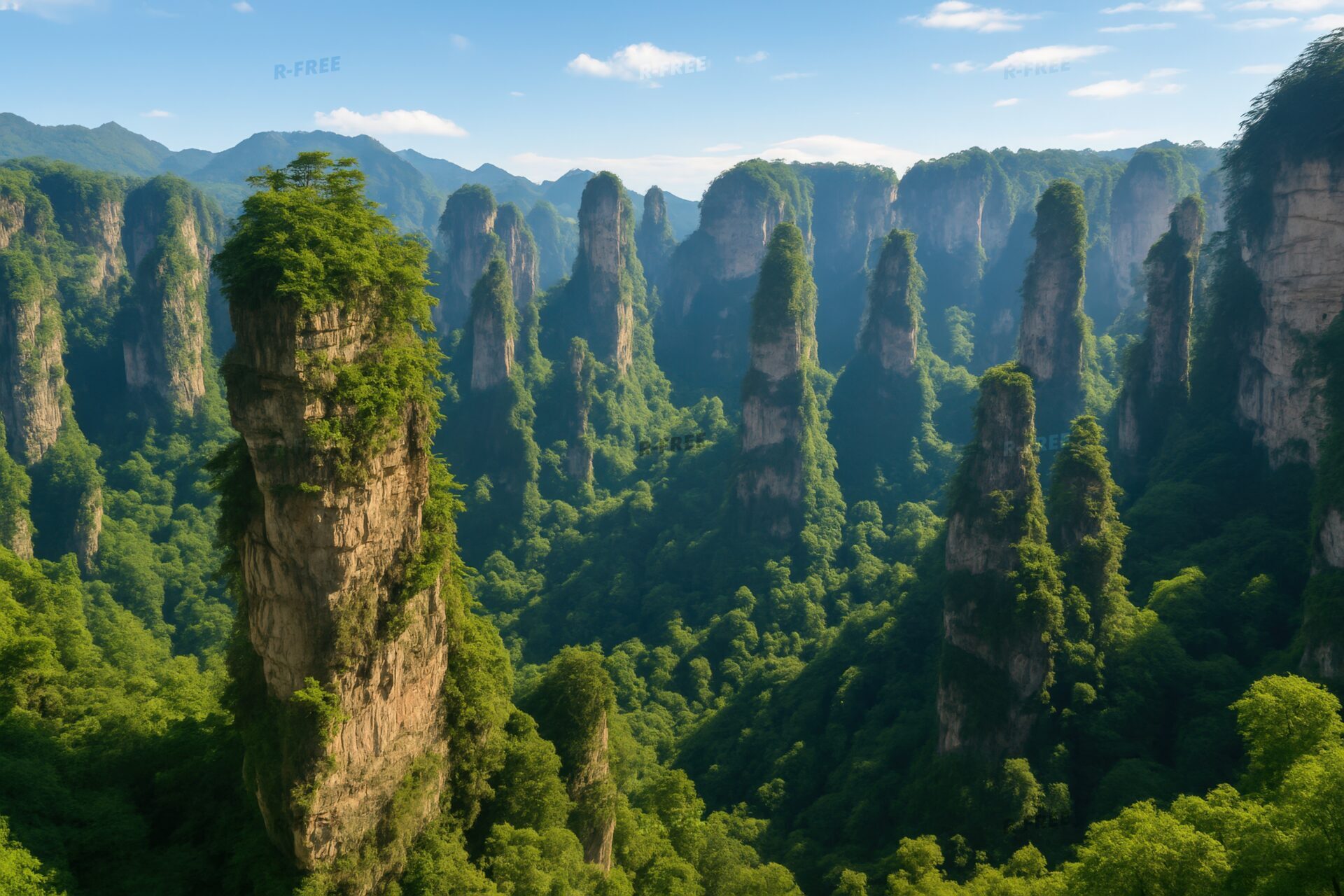 張家界の奇岩群が連なる壮大な自然風景