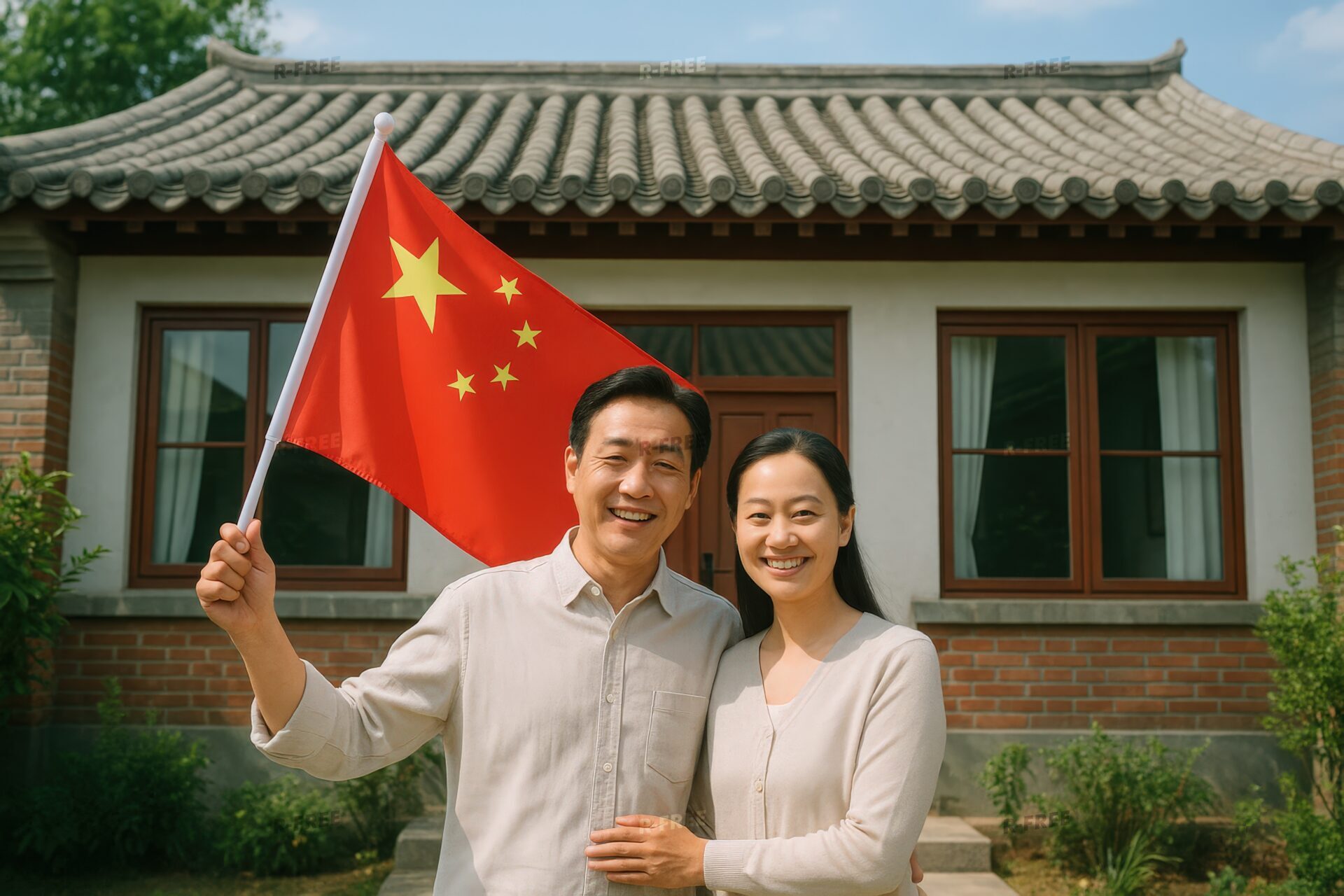 中国人夫婦が伝統家屋の前で国旗を掲げて笑顔