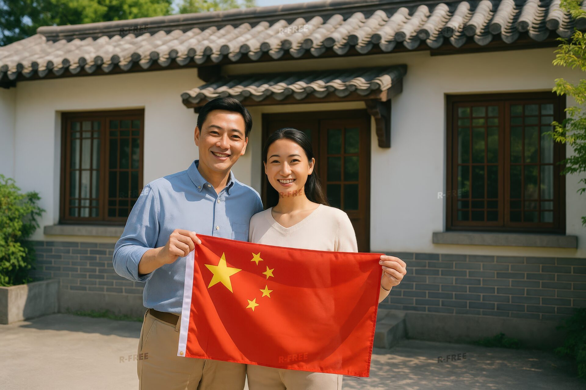 中国人カップルが自宅前で中国国旗を持って微笑む