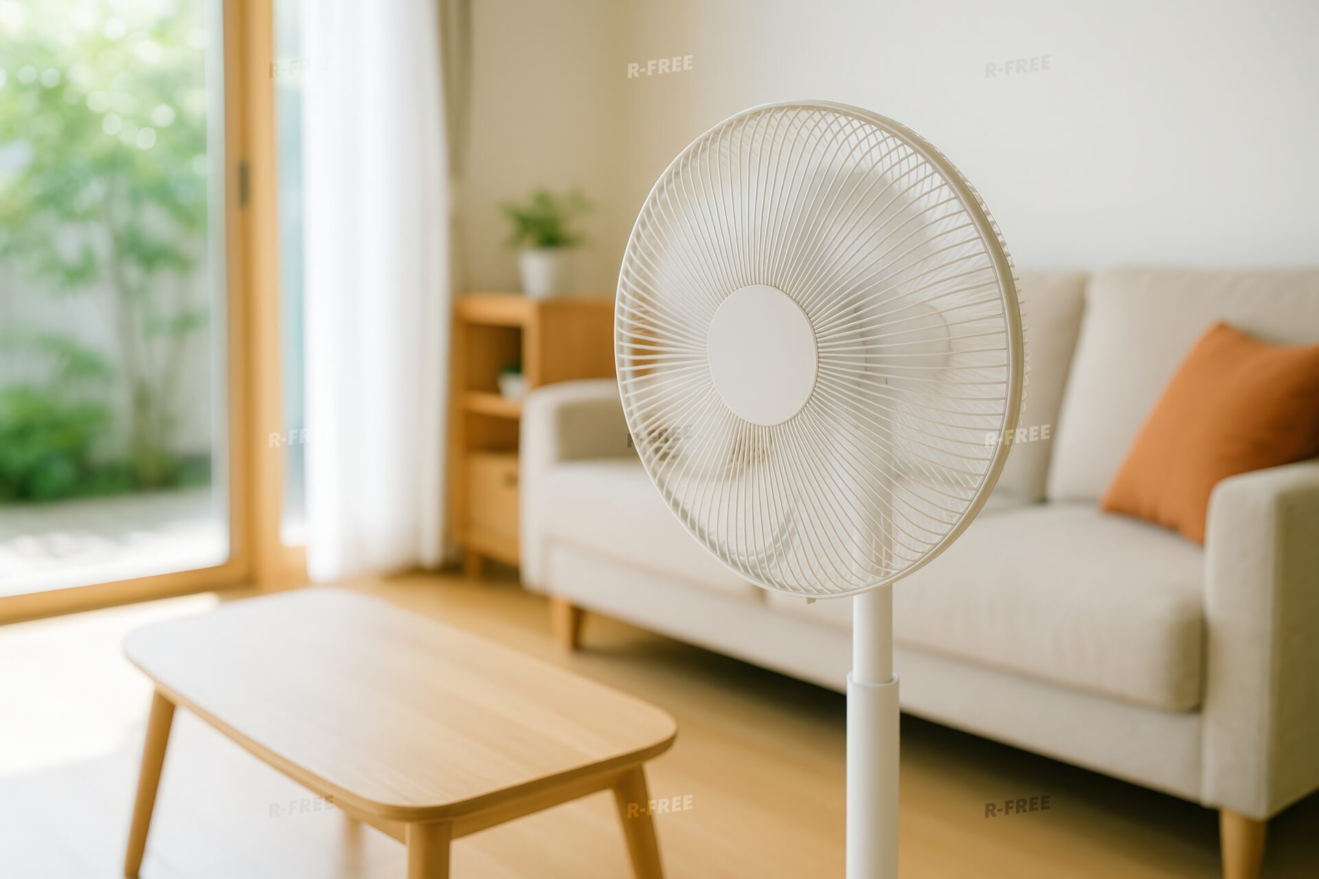 夏のリビングに置かれた白い扇風機
