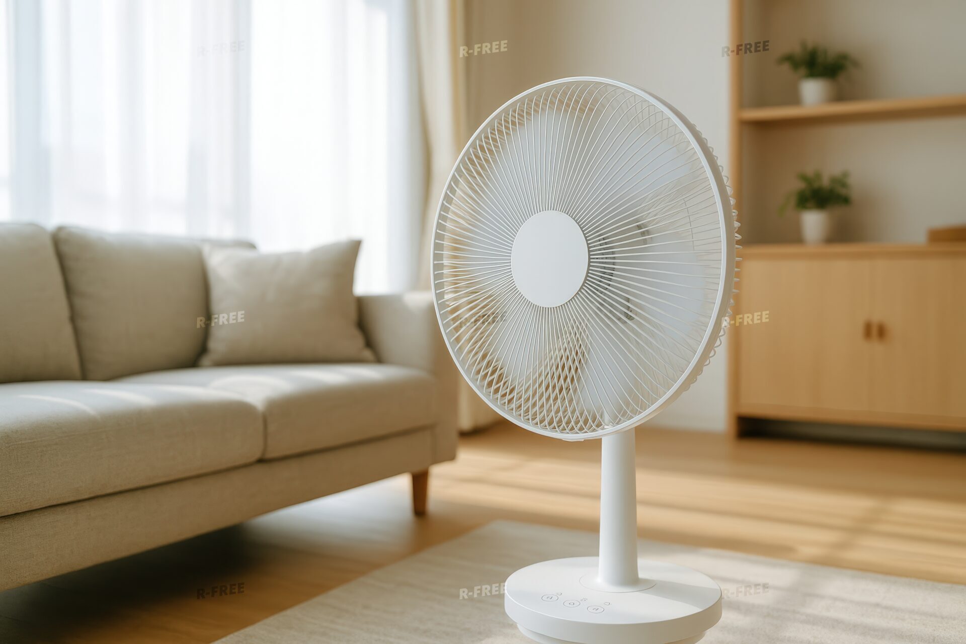 明るい部屋に設置されたシンプルな白い扇風機