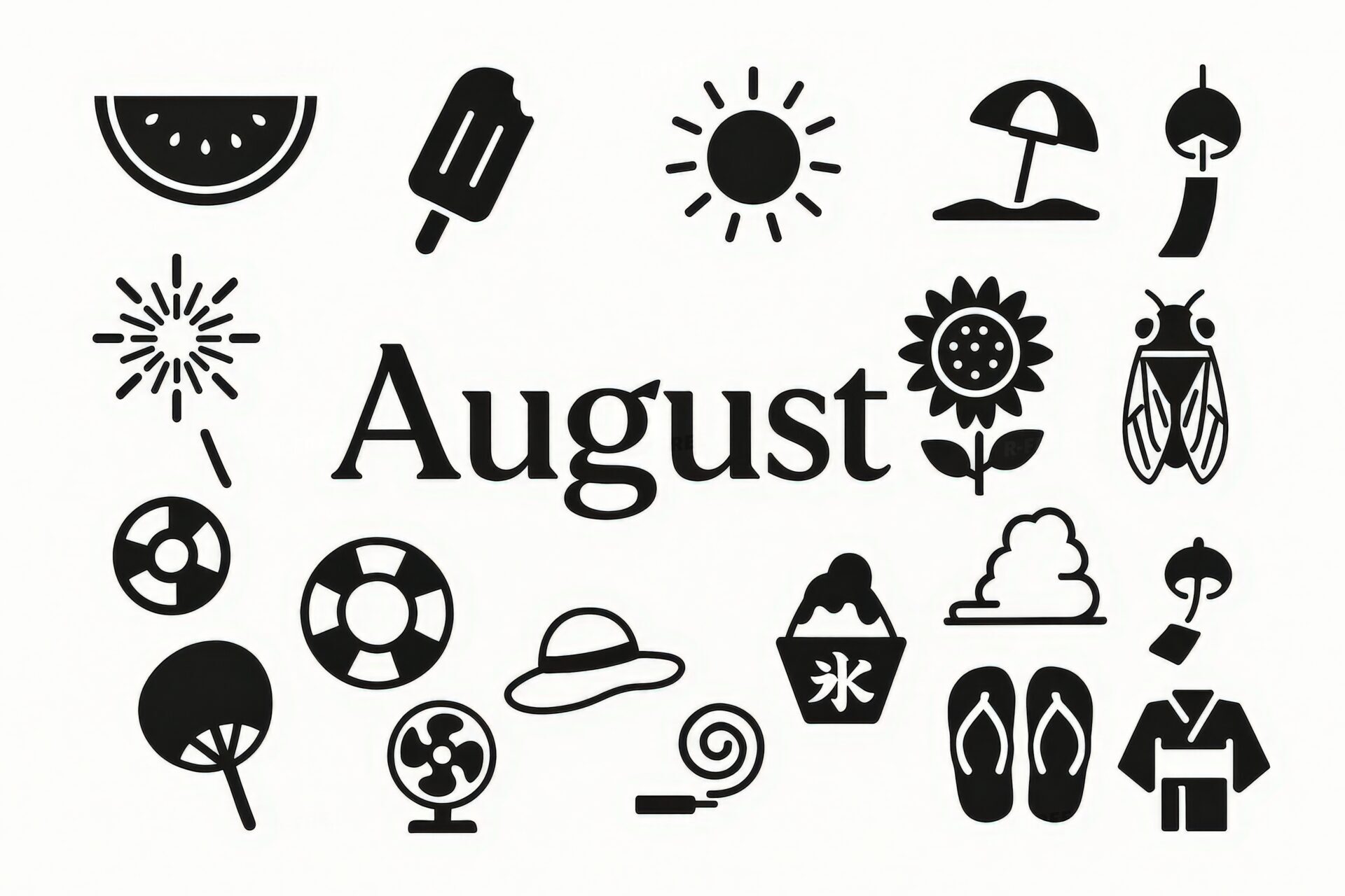 白黒で描かれた8月のアイコンイラスト