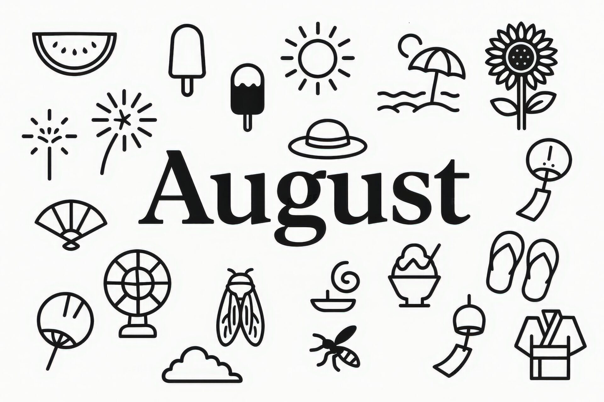 線画スタイルの8月の夏イラスト素材